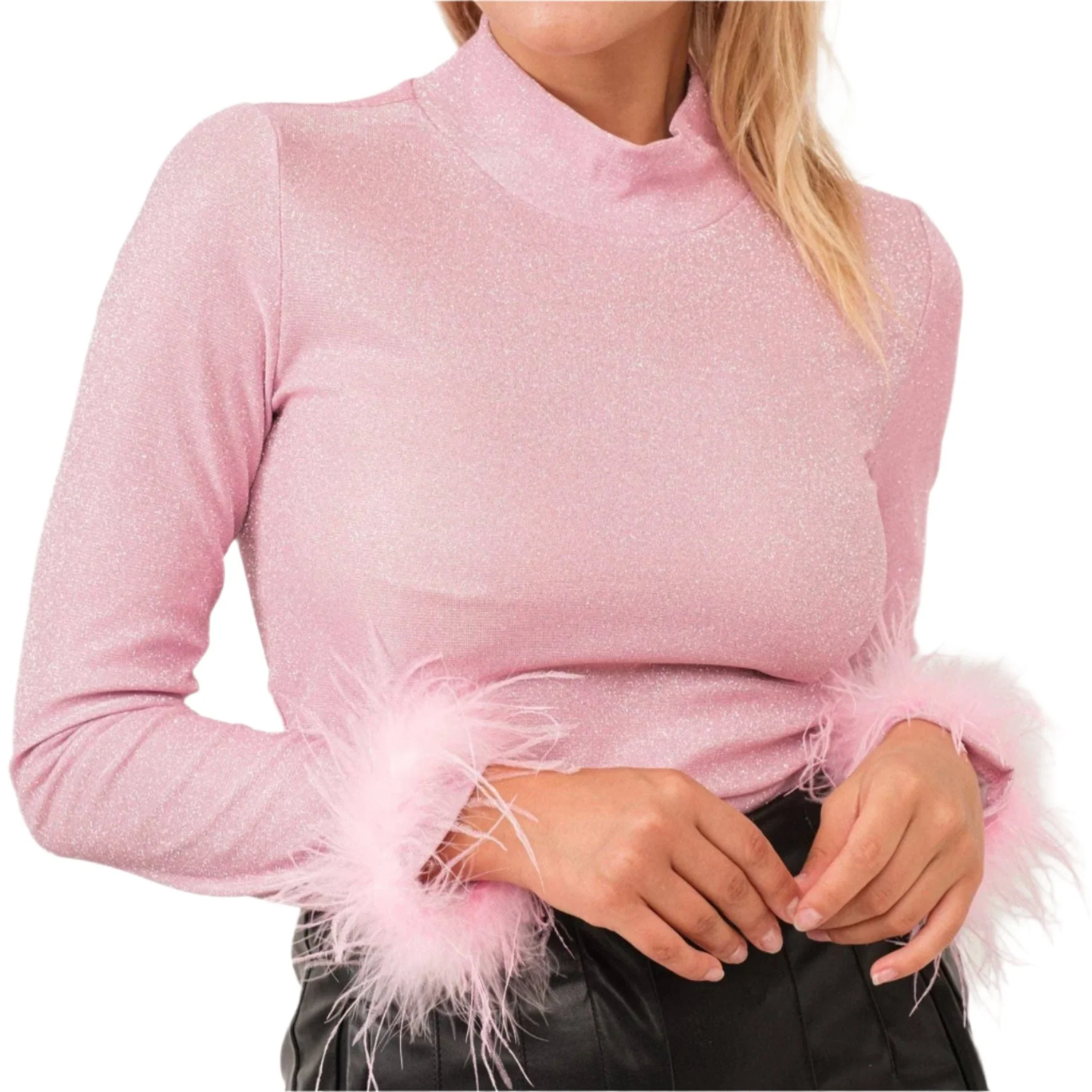 Metallic Turtle Neck Top with Feather Cuffs in Pink | Fall or Winter Long Sleeves Apparel - Image 3