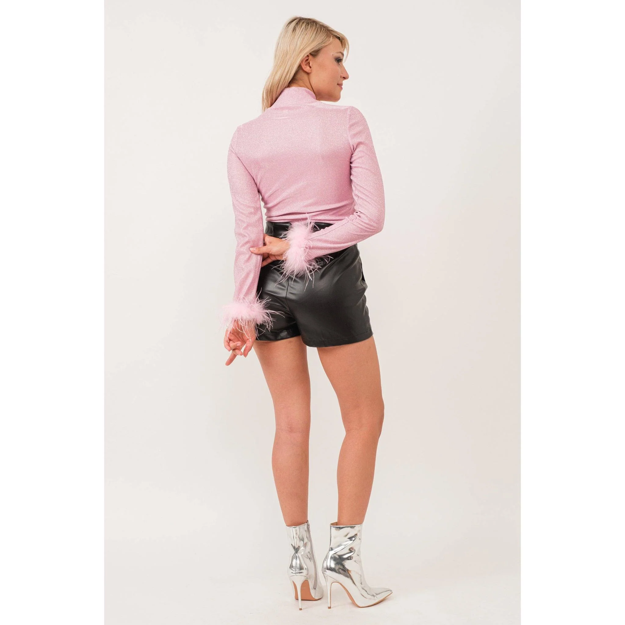 Metallic Turtle Neck Top with Feather Cuffs in Pink | Fall or Winter Long Sleeves Apparel - Image 5
