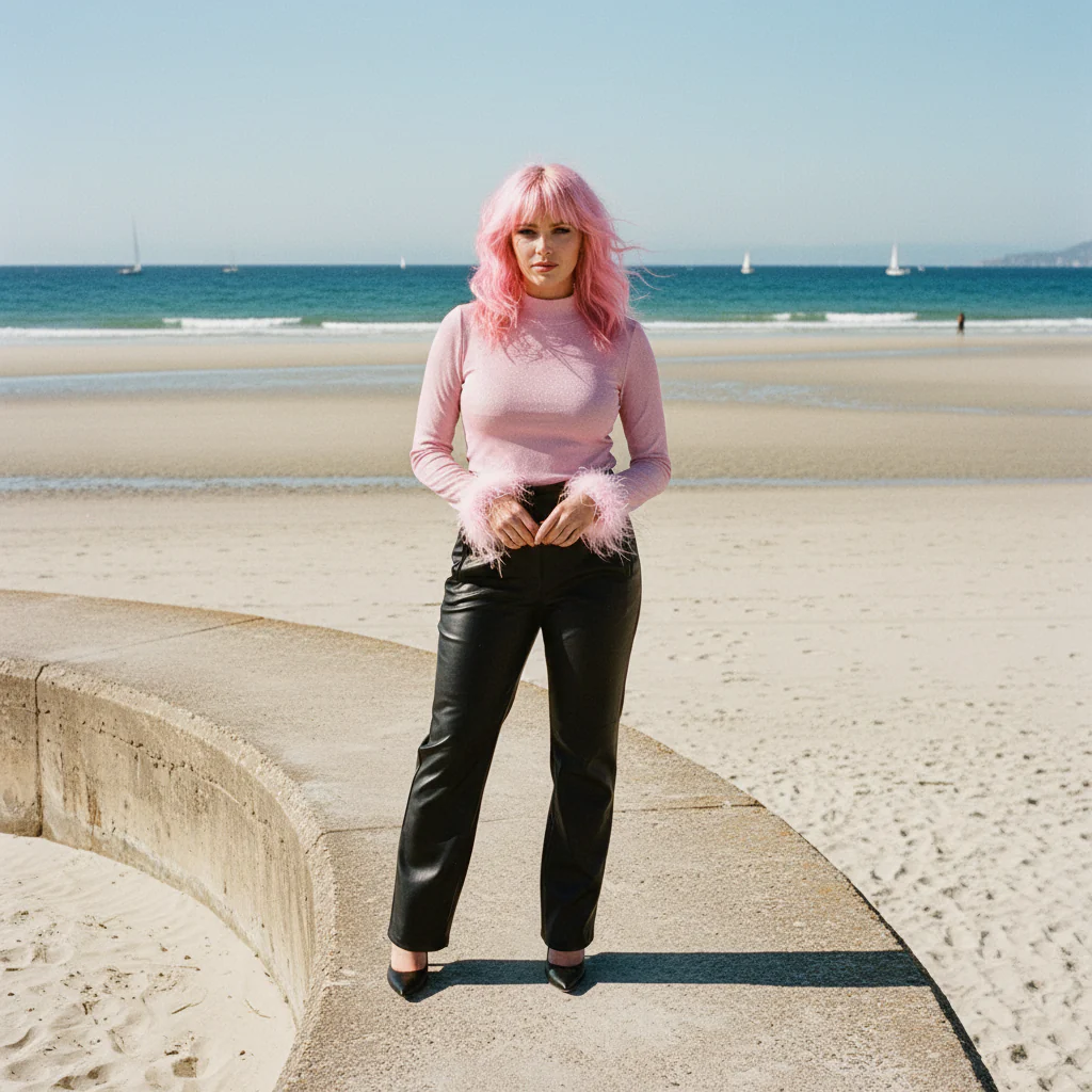 Metallic Turtle Neck Top with Feather Cuffs in Pink | Fall or Winter Long Sleeves Apparel - Image 6