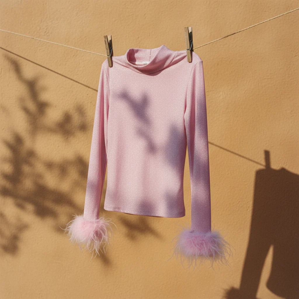Metallic Turtle Neck Top with Feather Cuffs in Pink | Fall or Winter Long Sleeves Apparel - Image 7