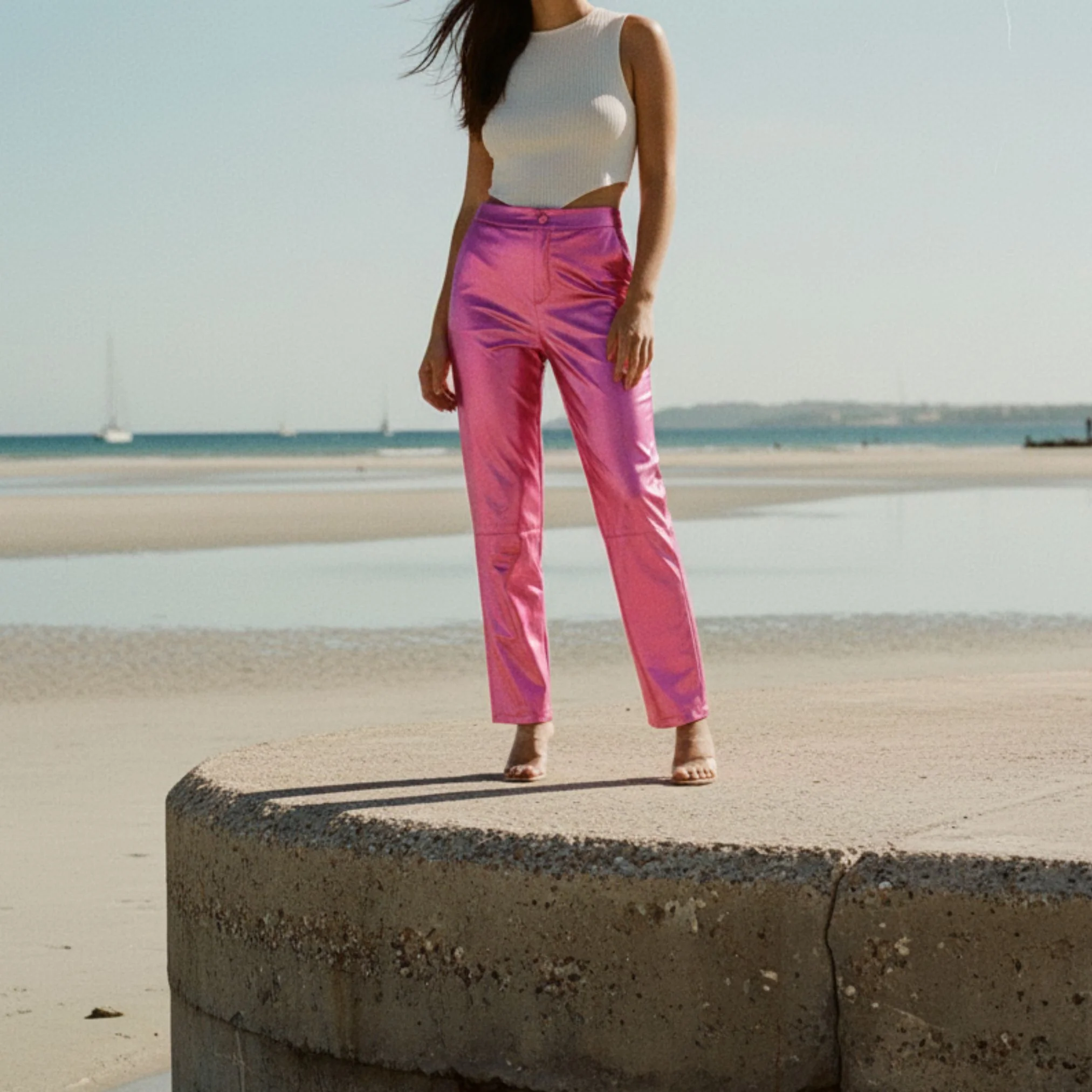 Synthetic Leather Metallic-Accented Slim-Fit Trouser in Pink - Image 2