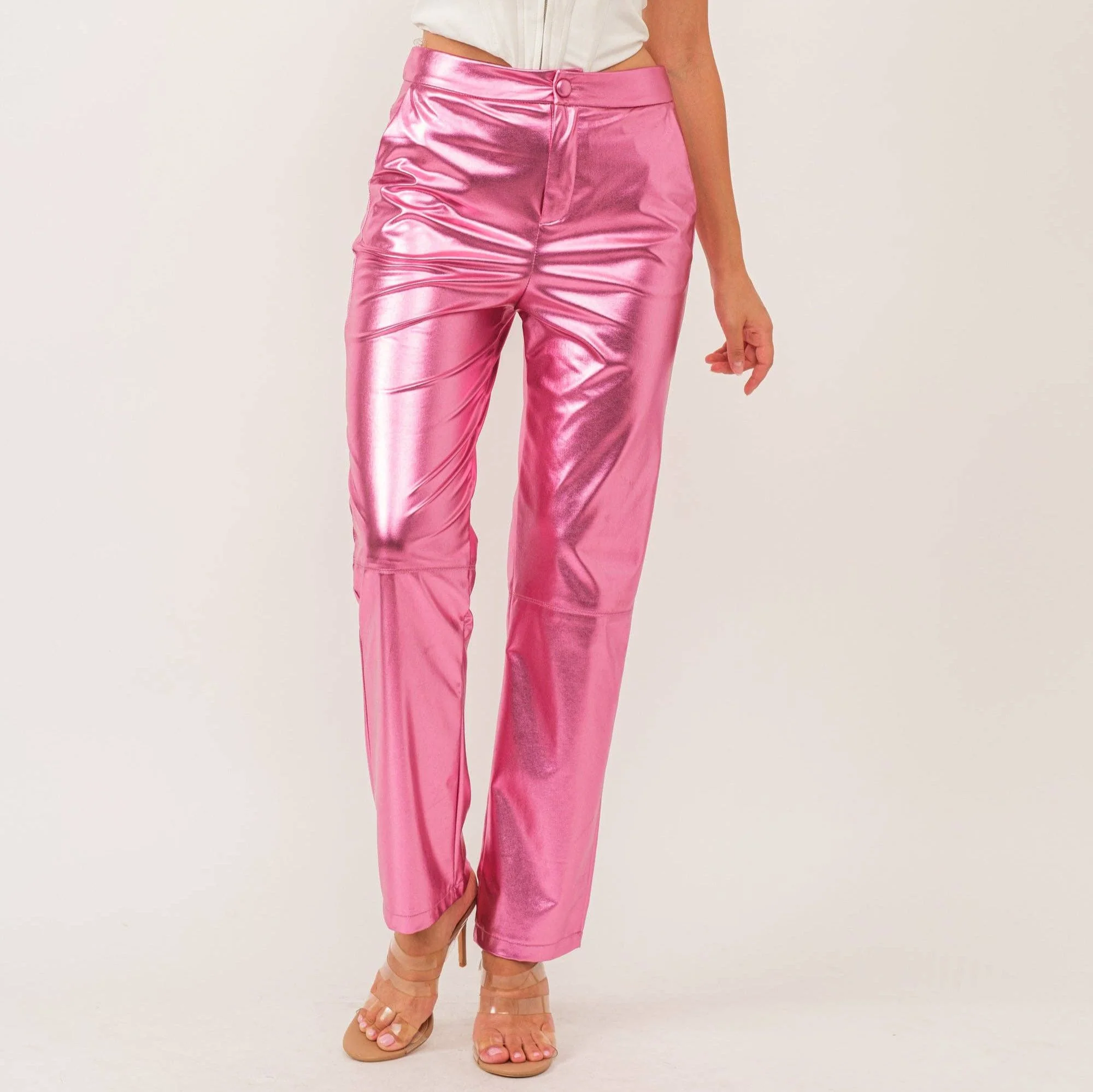 Synthetic Leather Metallic-Accented Slim-Fit Trouser in Pink - Image 4