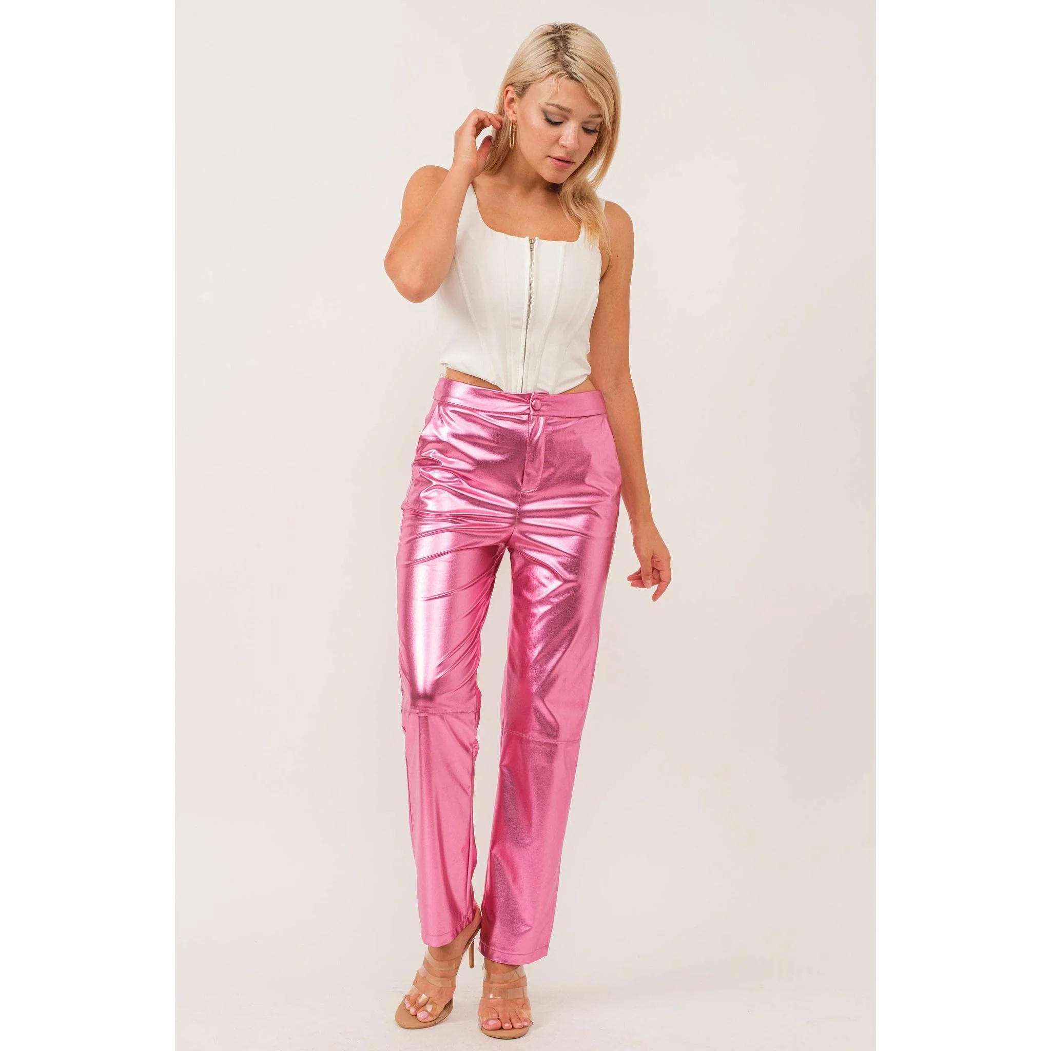 Synthetic Leather Metallic-Accented Slim-Fit Trouser in Pink - Image 6