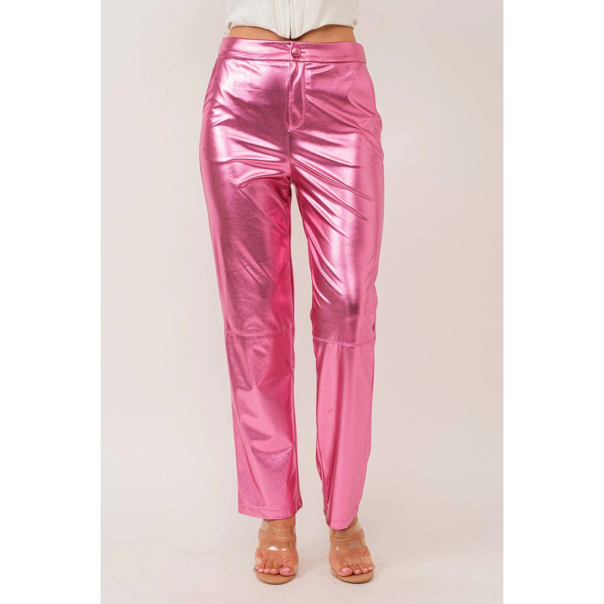 Synthetic Leather Metallic-Accented Slim-Fit Trouser in Pink - Image 7