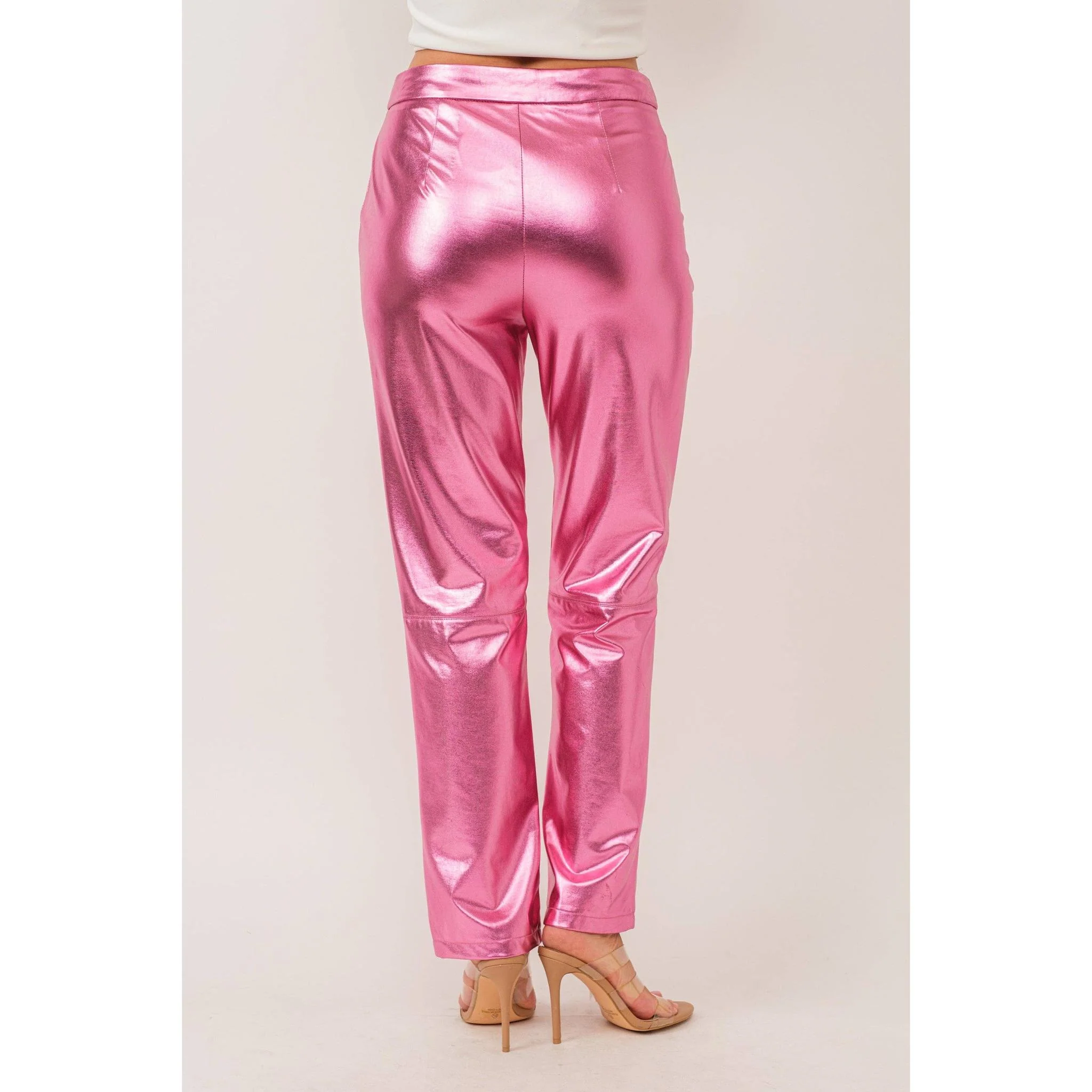 Synthetic Leather Metallic-Accented Slim-Fit Trouser in Pink - Image 8