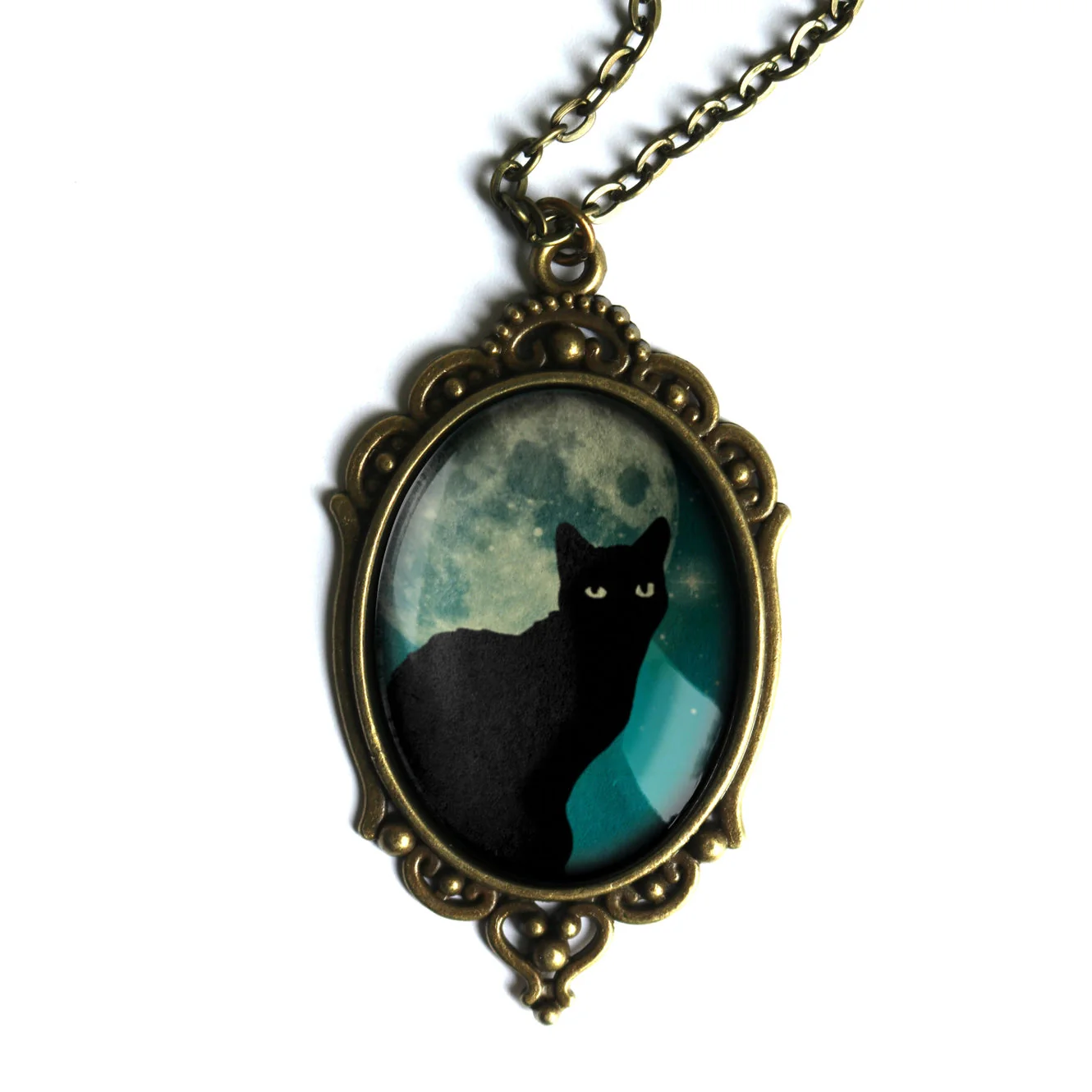Teal Cat On Full Moon Oval Pendant Necklace | Handmade in the US - Image 2