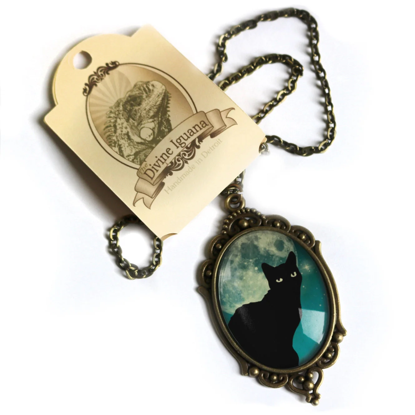 Teal Cat On Full Moon Oval Pendant Necklace | Handmade in the US - Image 3