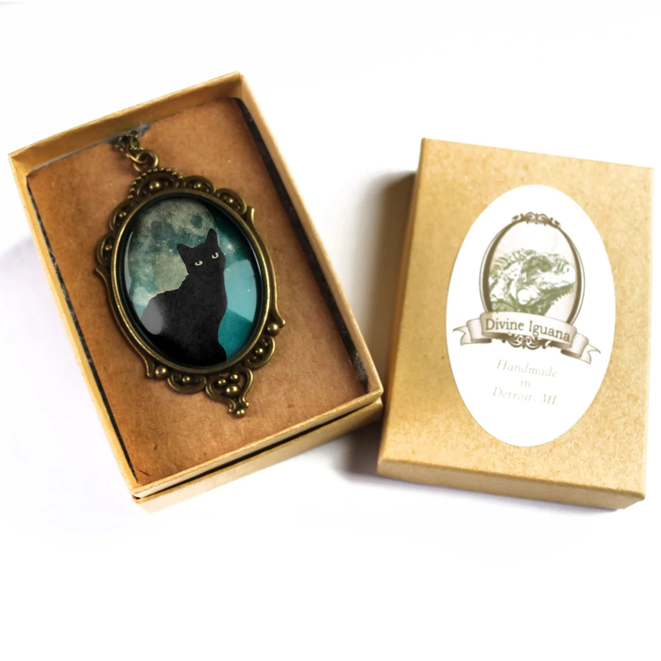 Teal Cat On Full Moon Oval Pendant Necklace | Handmade in the US - Image 4