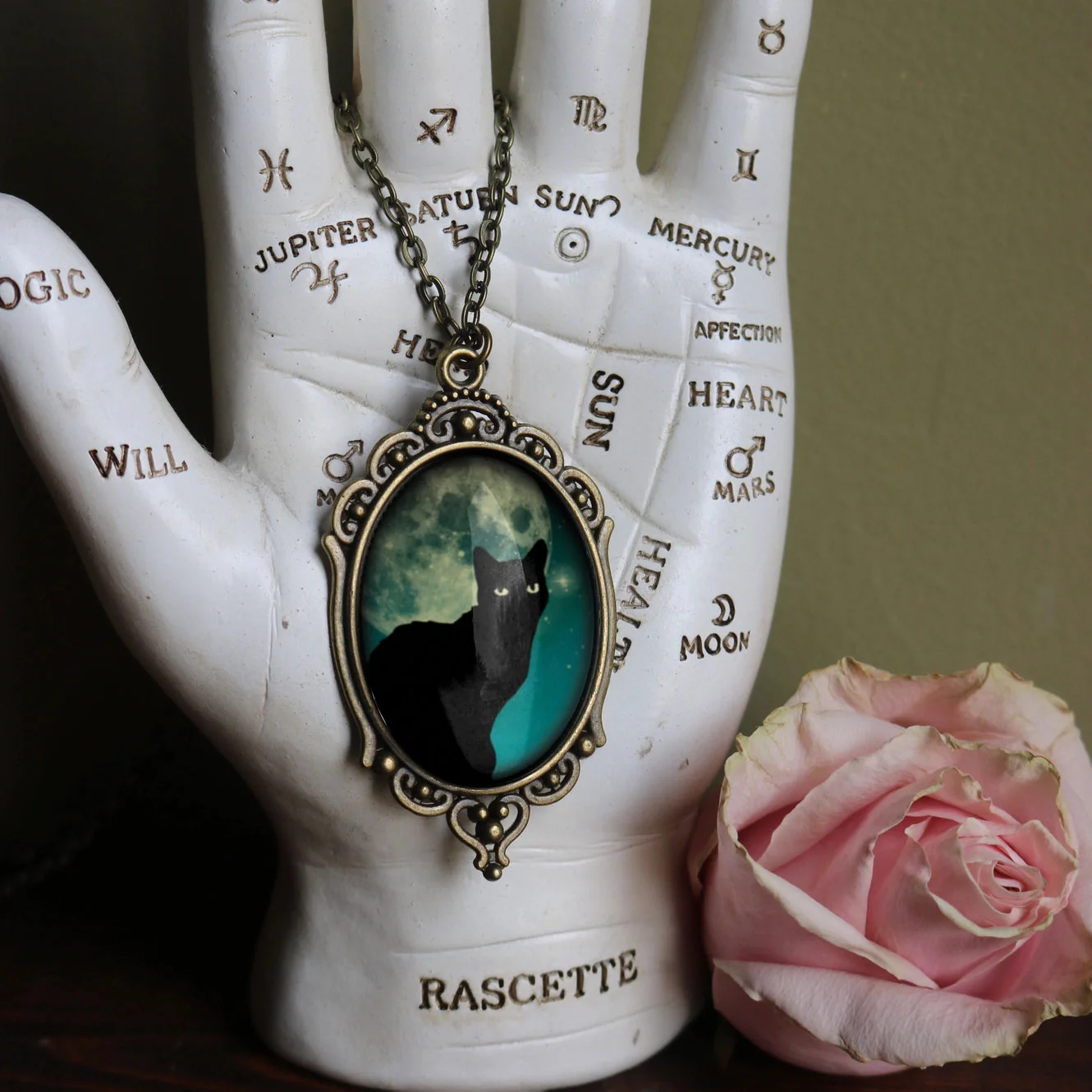 Teal Cat On Full Moon Oval Pendant Necklace | Handmade in the US - Image 5