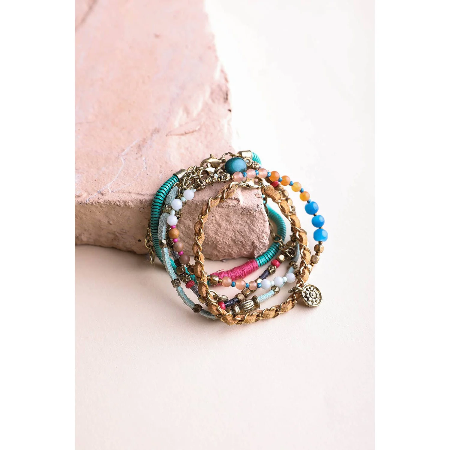 Teal Multi Suede Stack of 5 Bracelets | Boho Layering Jewelry - Image 3