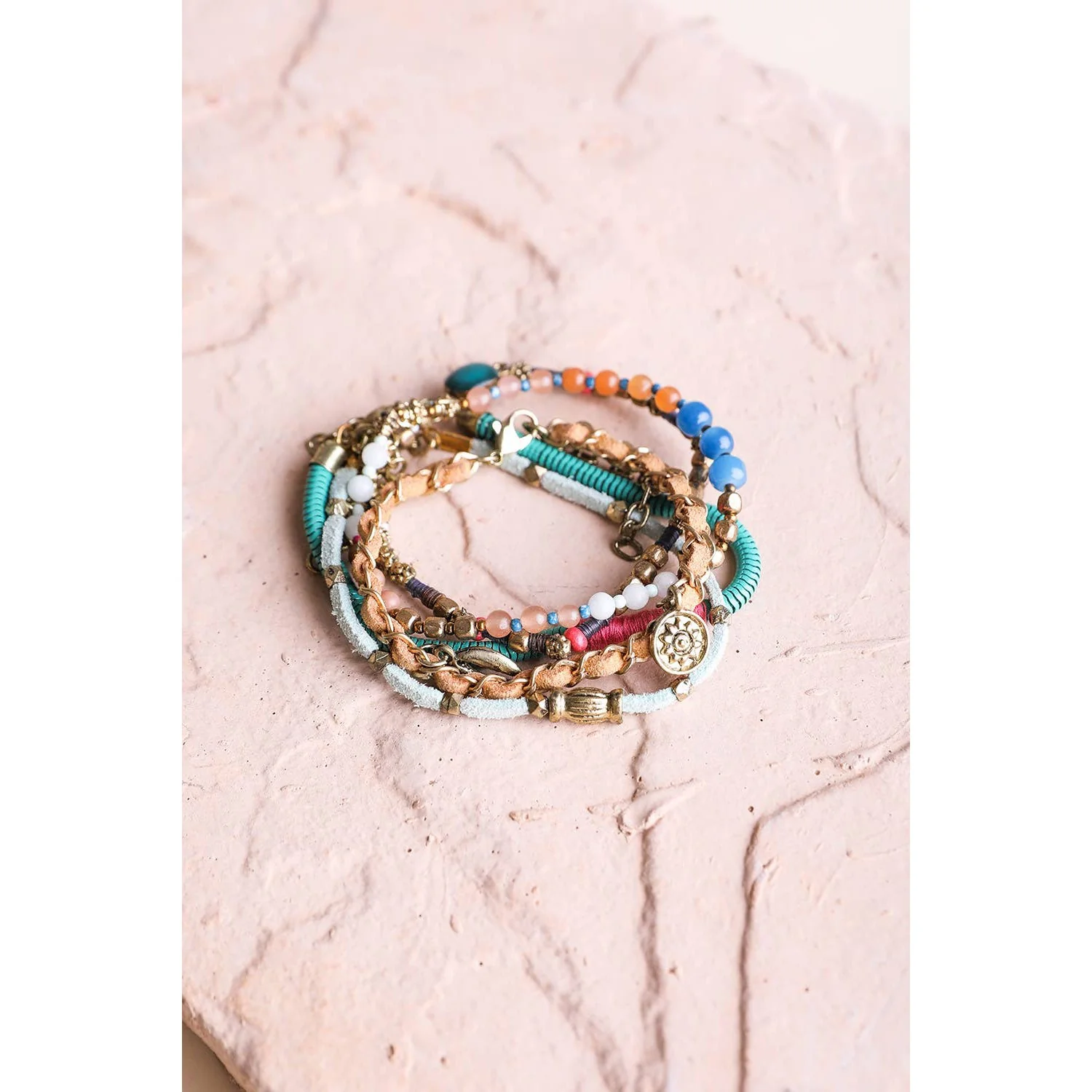 Teal Multi Suede Stack of 5 Bracelets | Boho Layering Jewelry - Image 4