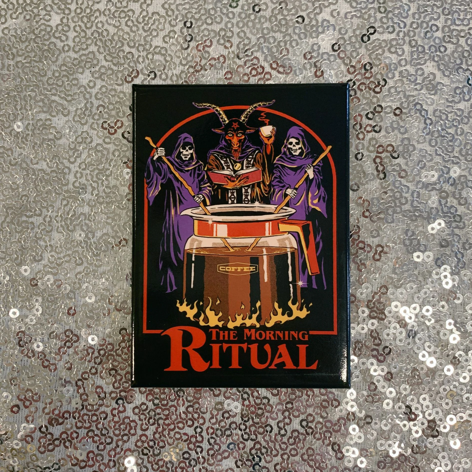 The Morning Ritual Coffee Lover Occult Fridge Magnet | '80s Children's Book Style Satirical Art by Steven Rhodes | 2.5" X 3.5" - Image 2