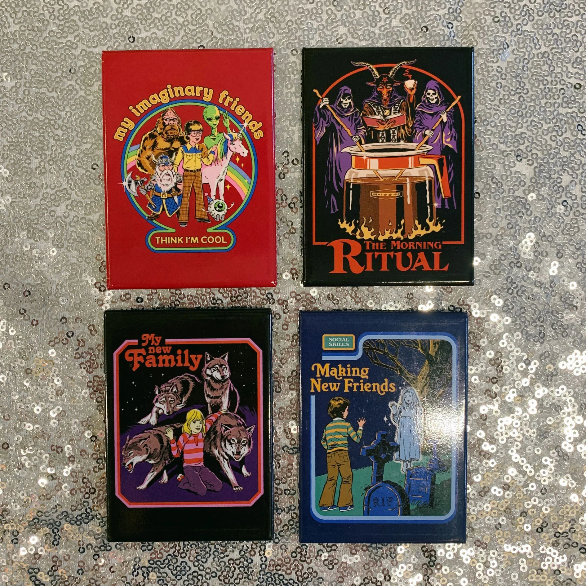 The Morning Ritual Coffee Lover Occult Fridge Magnet | '80s Children's Book Style Satirical Art by Steven Rhodes | 2.5" X 3.5" - Image 4