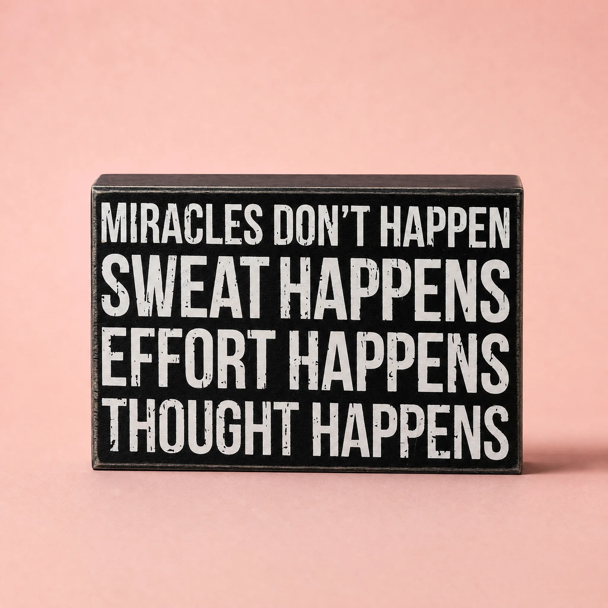 Thought Happens Inspo Box Sign | Classic Black & White Wooden Sign Display | 8" x 5"
