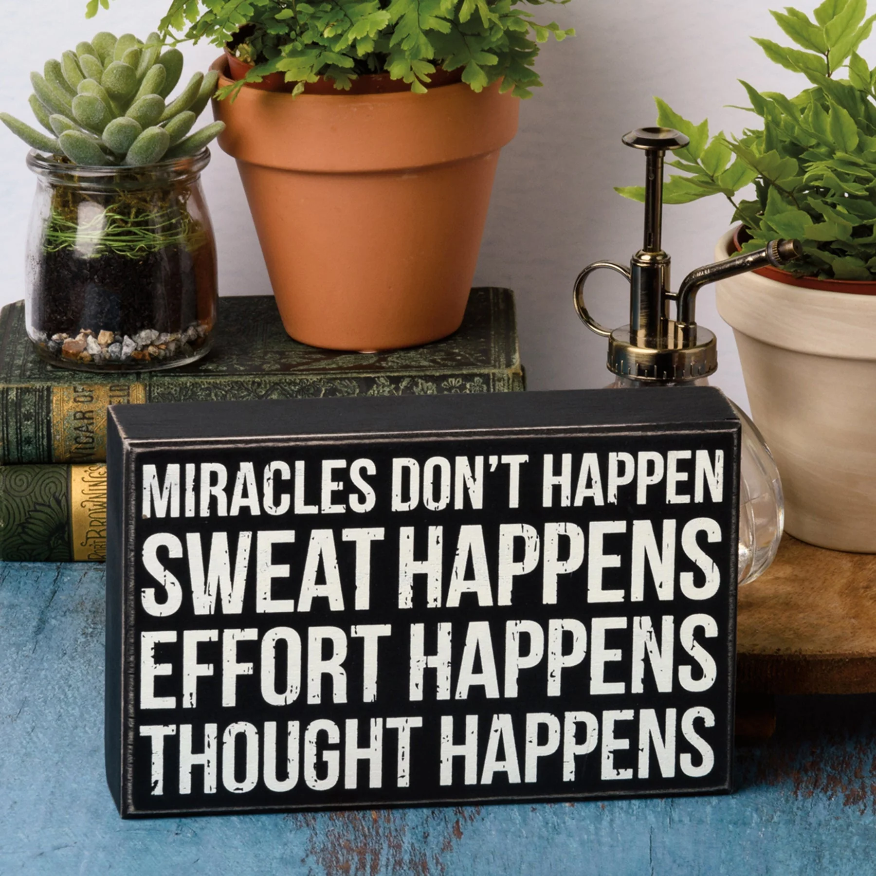 Thought Happens Inspo Box Sign | Classic Black & White Wooden Sign Display | 8" x 5" - Image 4