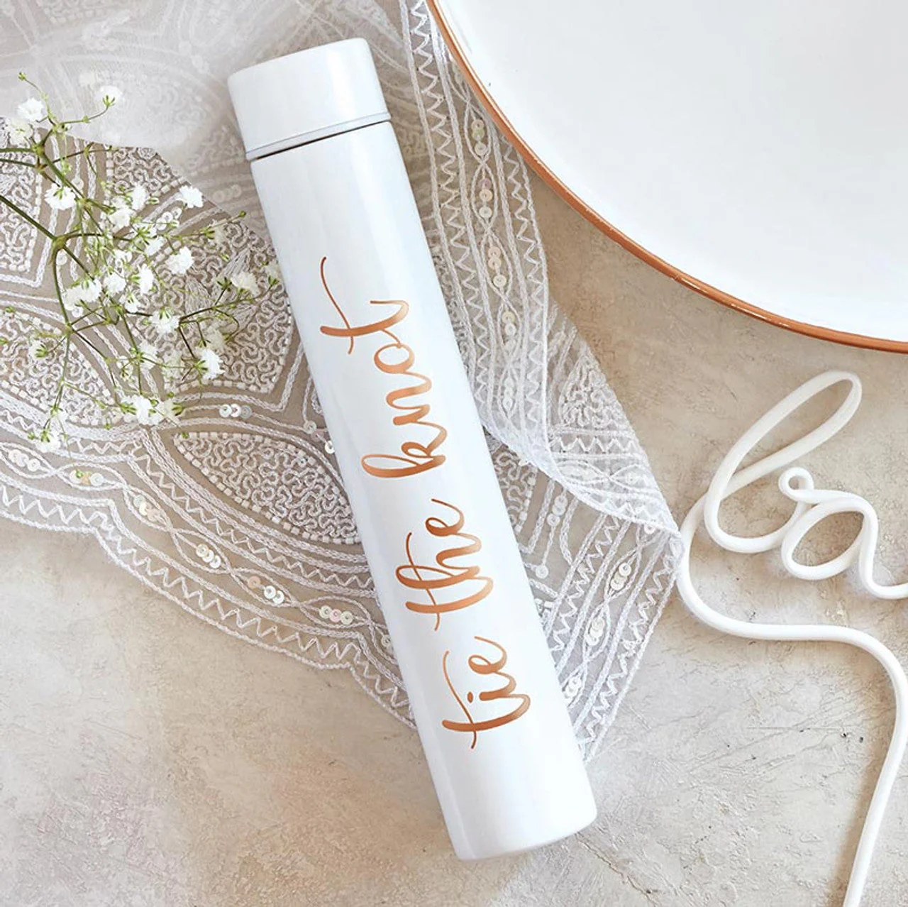 Tie The Knot Flask Bottle in White | Insulated Stainless Steel Wedding or Bridesmaid Gift - Image 6