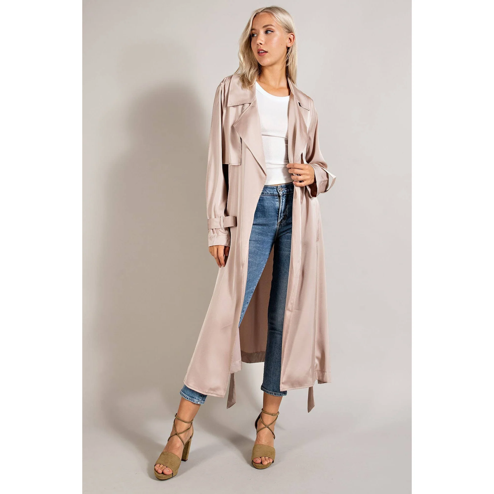 Satin Trench Coat Open Front And Detachable Waist Tie in Black [Available in SM-L] - Image 4