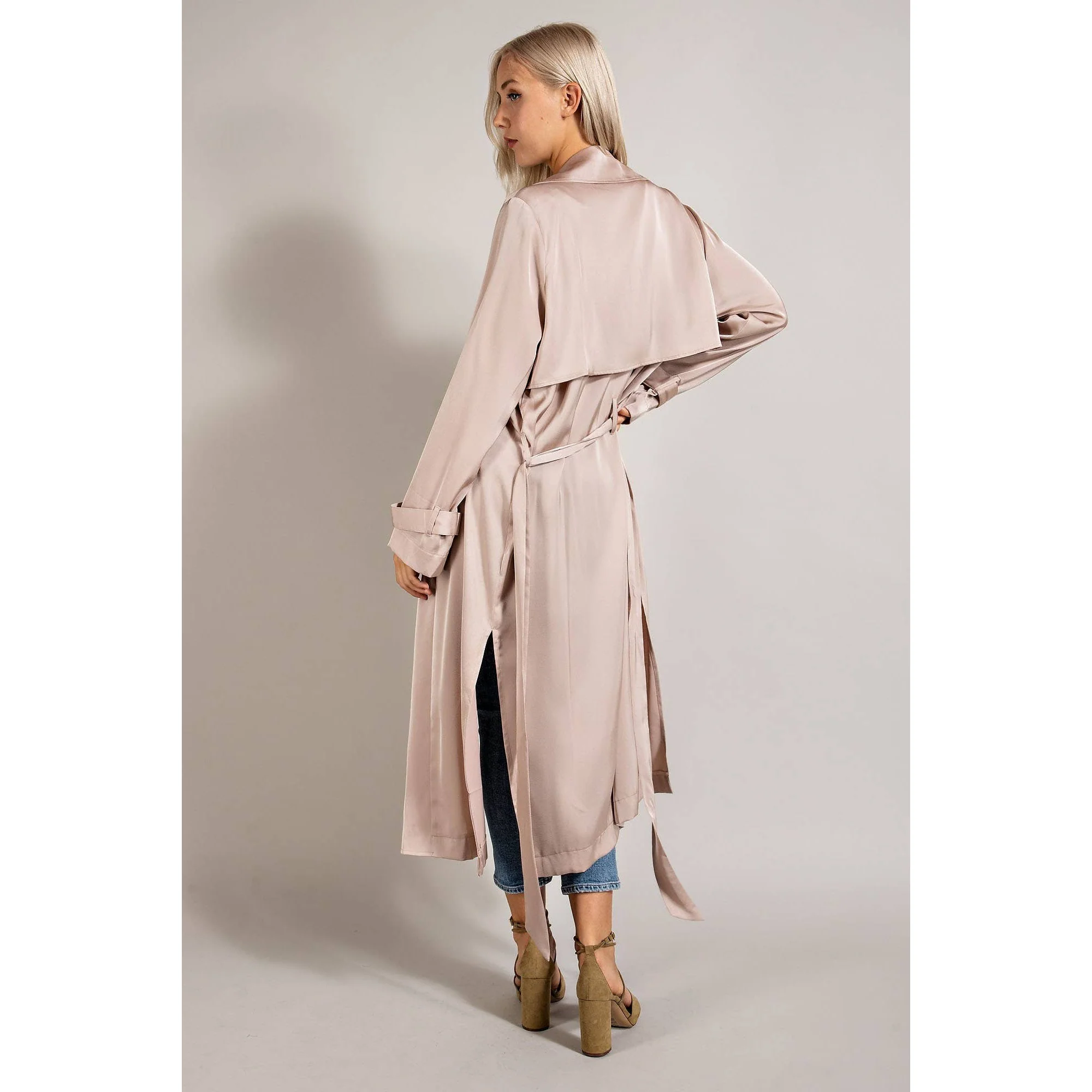 Satin Trench Coat Open Front And Detachable Waist Tie in Black [Available in SM-L] - Image 6