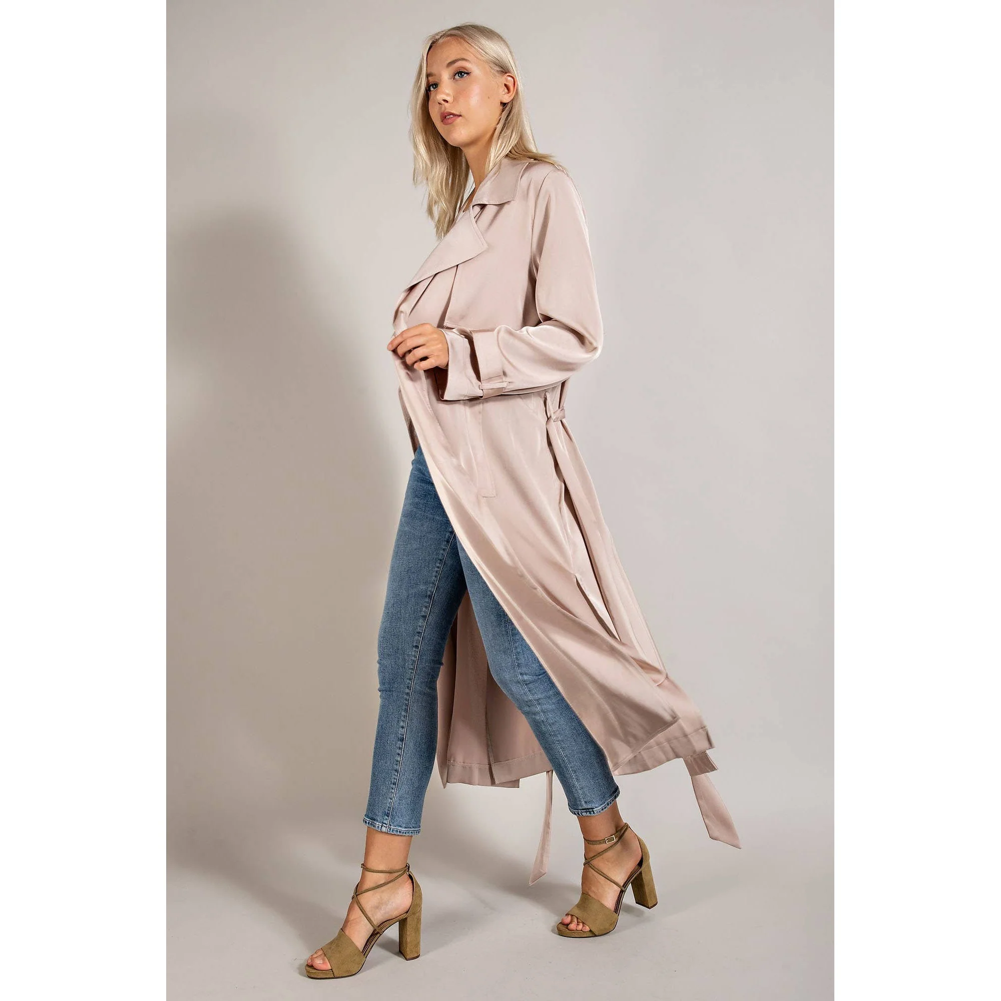 Satin Trench Coat Open Front And Detachable Waist Tie in Black [Available in SM-L] - Image 7