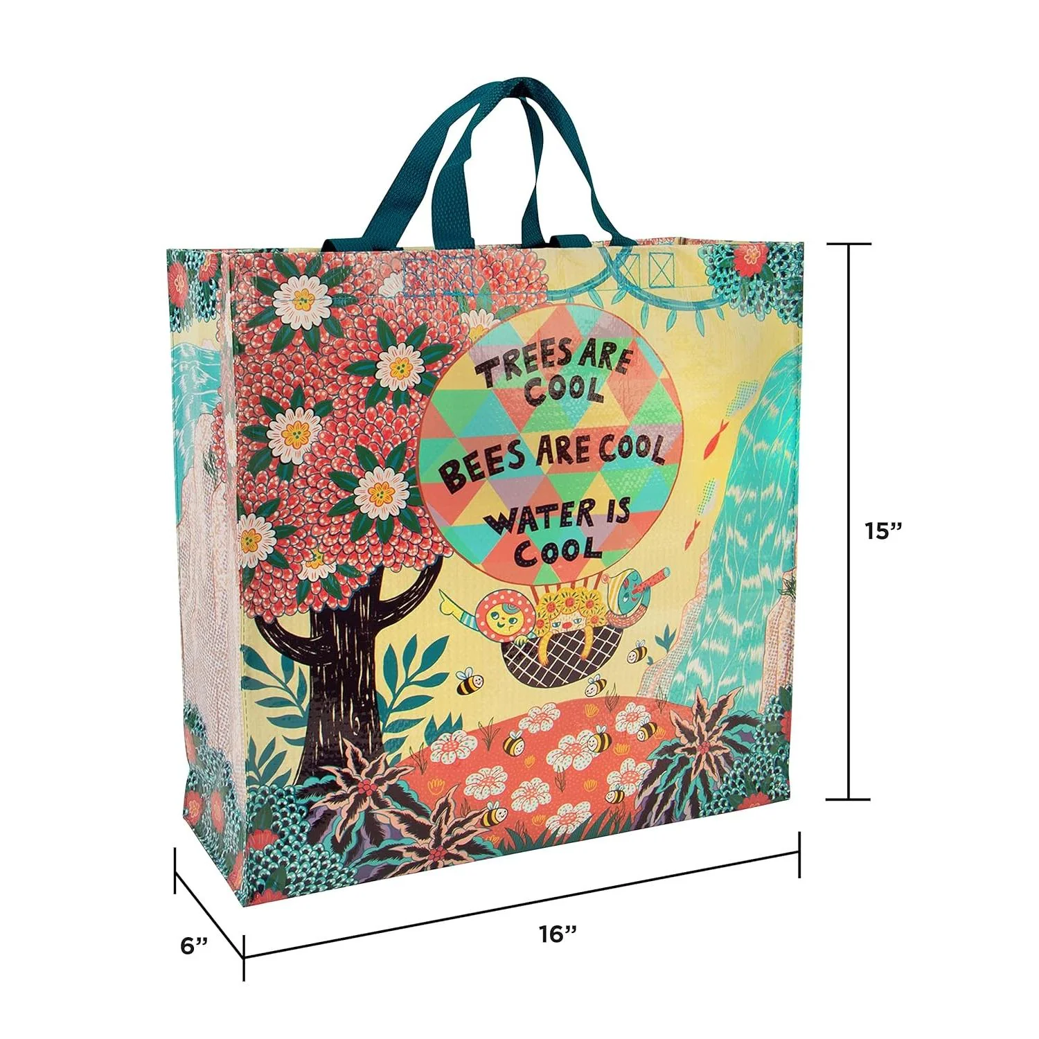 Trees Are Cool. Bees Are Cool. Water Is Cool. Shopper Tote Bag | Post Consumer Material Shopping Bag | 16" x 15" | BlueQ at GetBullish - Image 5