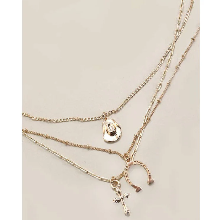 Trio Layer Horseshoe Hat Cross Charm Necklace | Gold Tone Multi Layer Jewelry