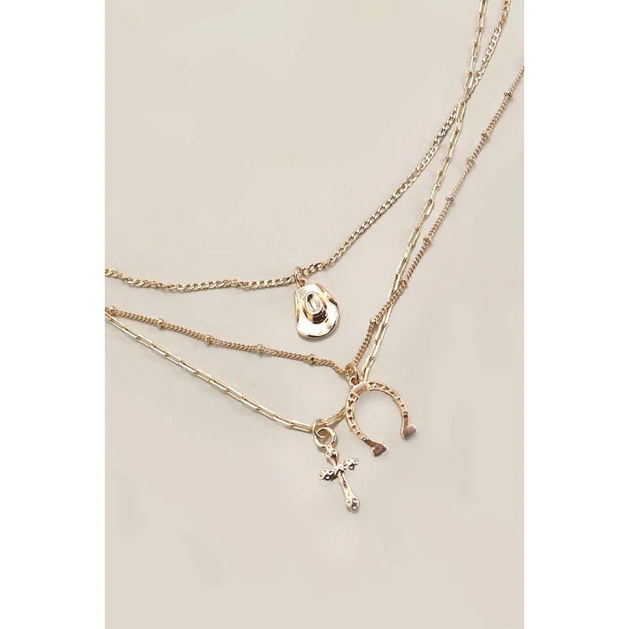 Trio Layer Horseshoe Hat Cross Charm Necklace | Gold Tone Multi Layer Jewelry - Image 2