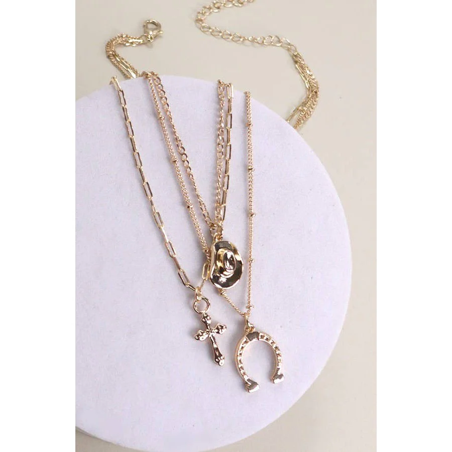 Trio Layer Horseshoe Hat Cross Charm Necklace | Gold Tone Multi Layer Jewelry - Image 3
