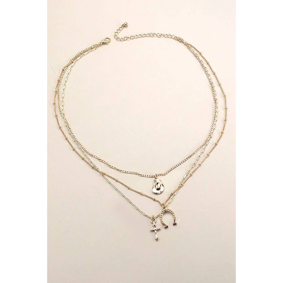 Trio Layer Horseshoe Hat Cross Charm Necklace | Gold Tone Multi Layer Jewelry - Image 4