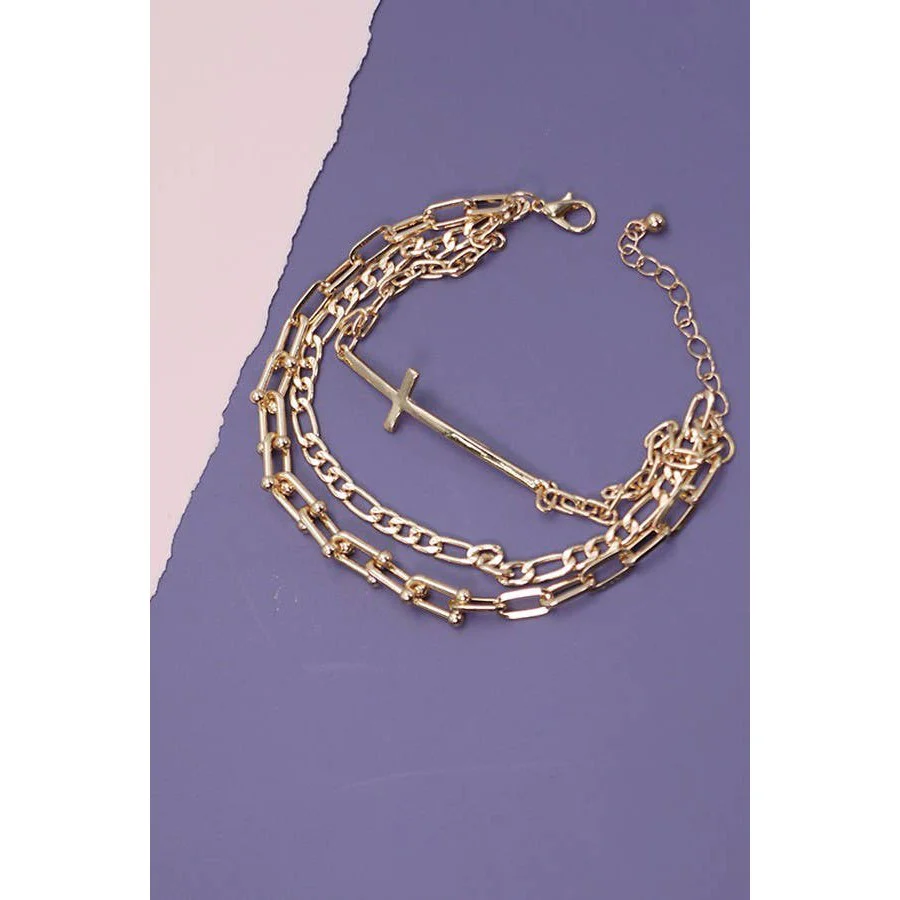 Triple Multi Bracelets with Large Cross Charm Pendant | Gold Tone Fashion Jewelry - Image 2