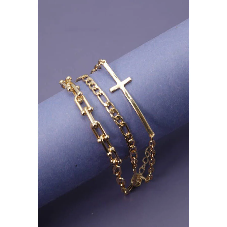 Triple Multi Bracelets with Large Cross Charm Pendant | Gold Tone Fashion Jewelry - Image 3