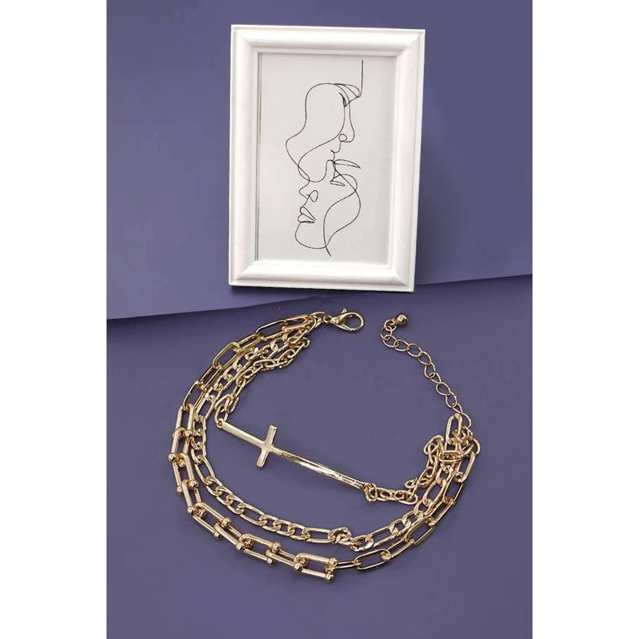 Triple Multi Bracelets with Large Cross Charm Pendant | Gold Tone Fashion Jewelry - Image 4