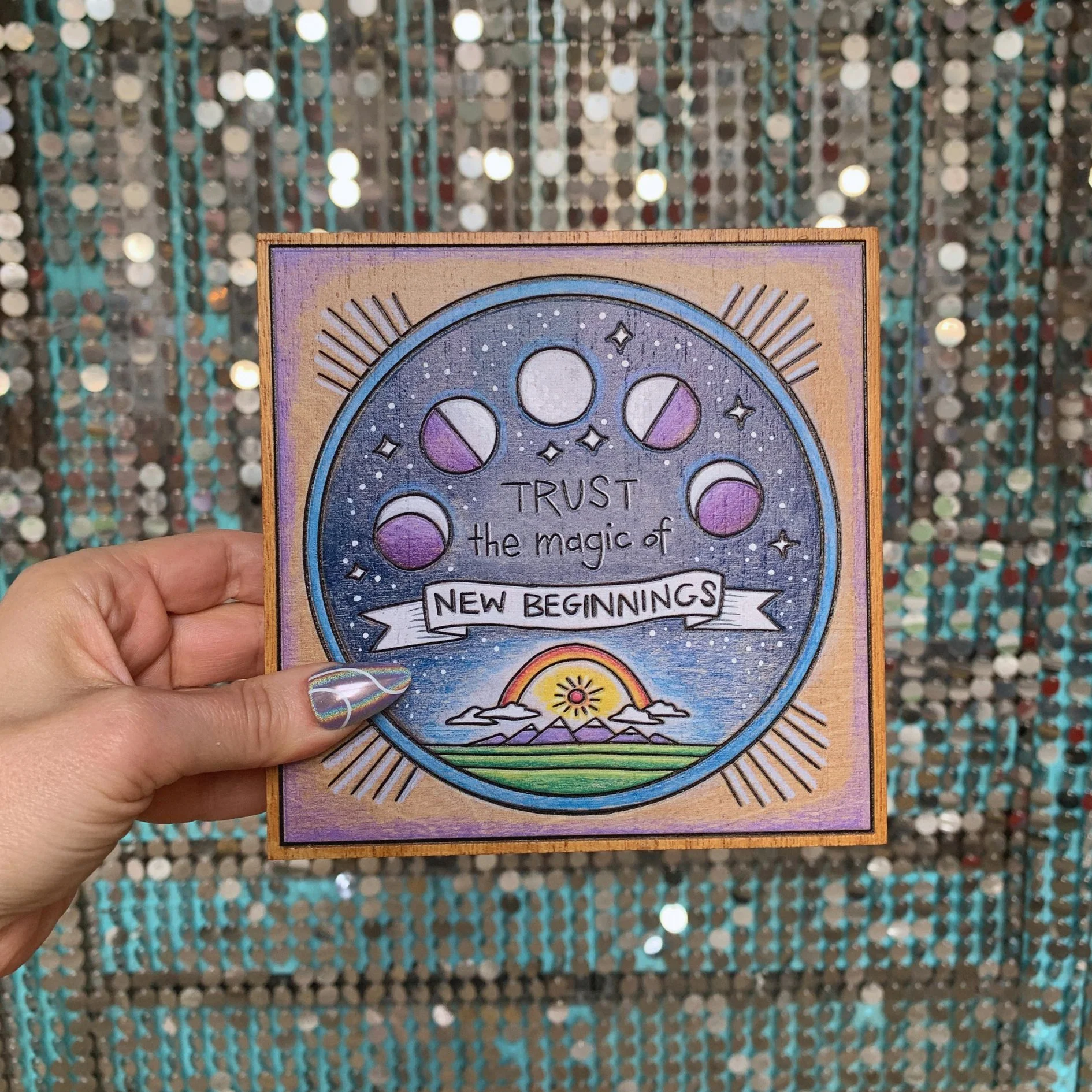 Trust The Magic Of New Beginnings Celestial Block Sign | Moon Phases Wall Decor | 6" x 6" - Image 7