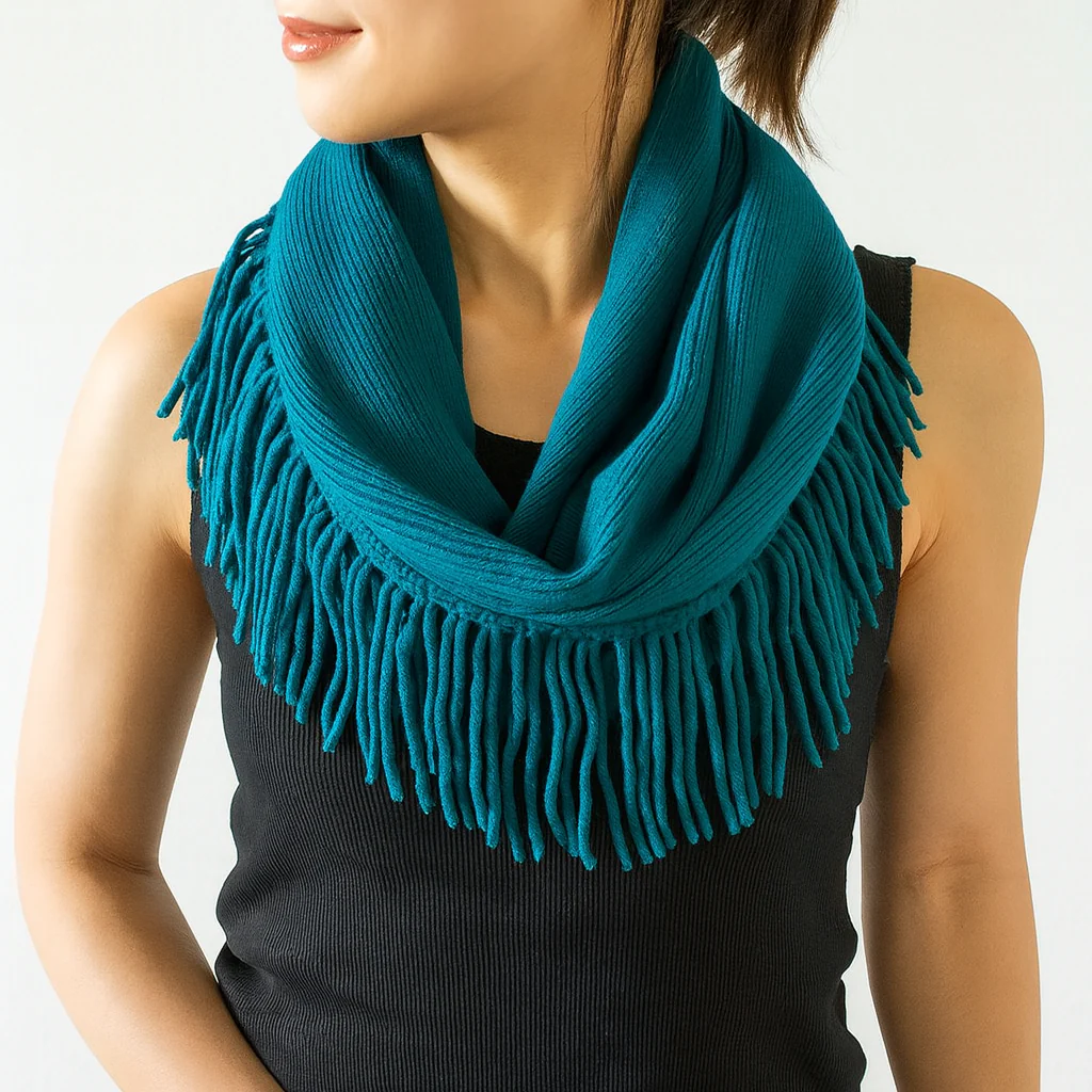Knit Fringe Necklace Scarf | Lightweight Acrylic Loop Infinity Scarf | Turquoise Black Ivory
