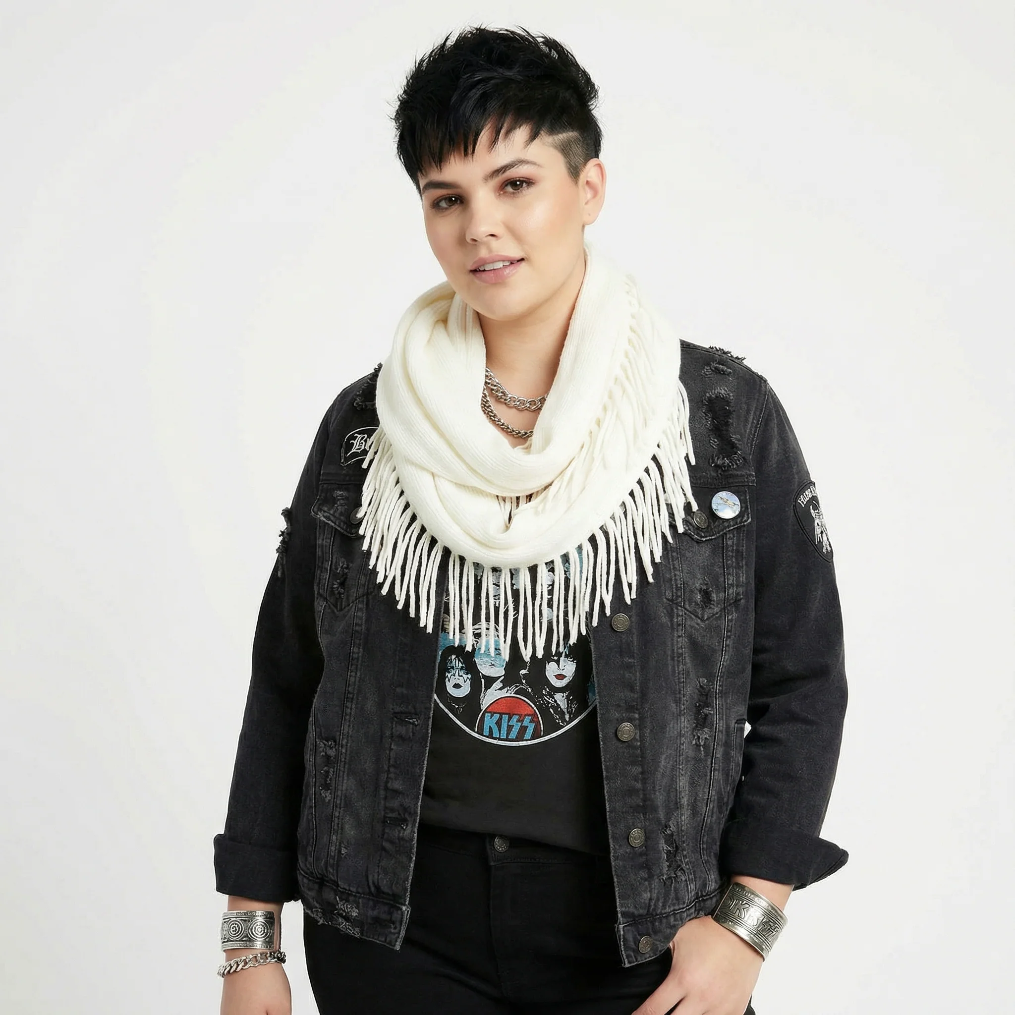 Knit Fringe Necklace Scarf | Lightweight Acrylic Loop Infinity Scarf | Turquoise Black Ivory - Image 11
