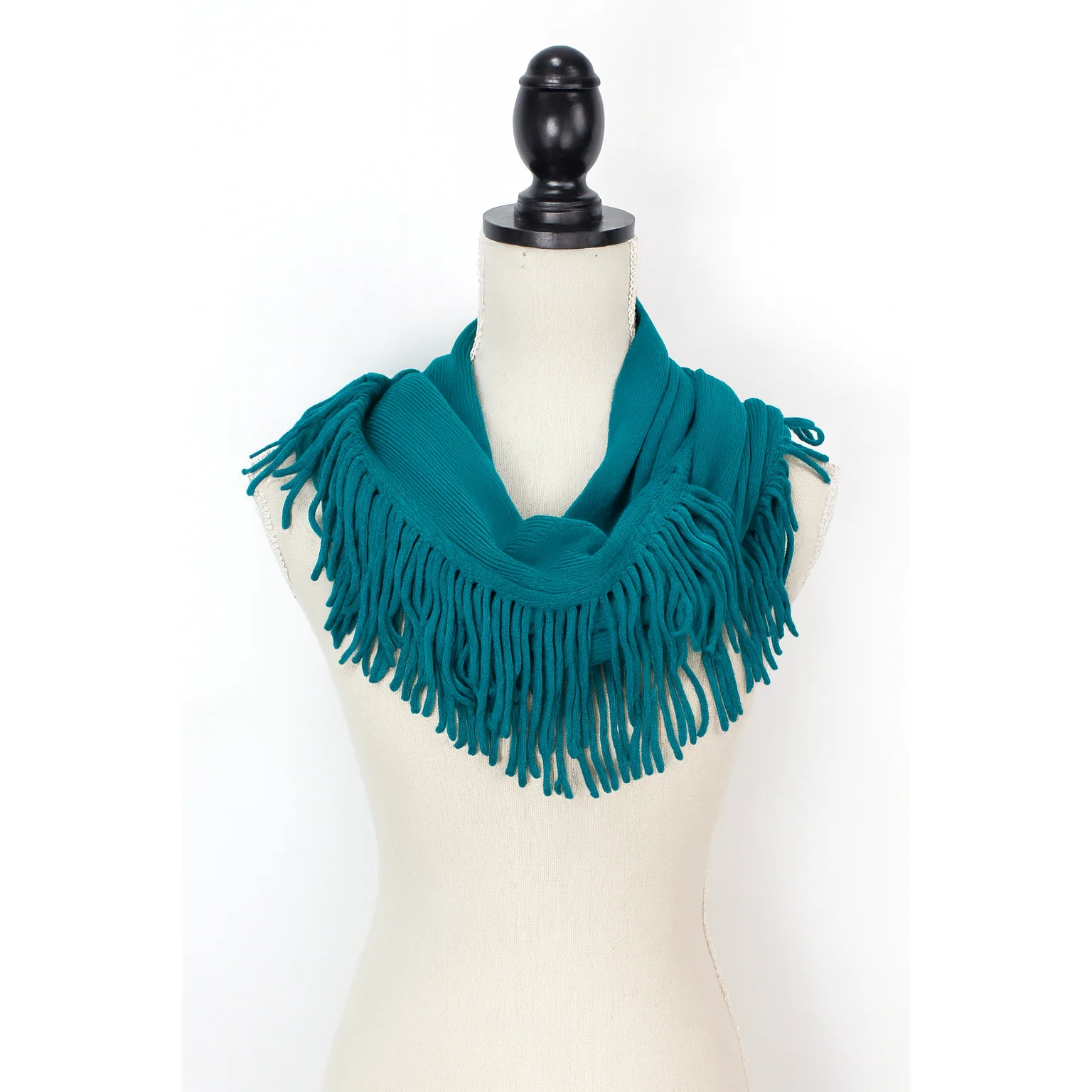 Knit Fringe Necklace Scarf | Lightweight Acrylic Loop Infinity Scarf | Turquoise Black Ivory - Image 2