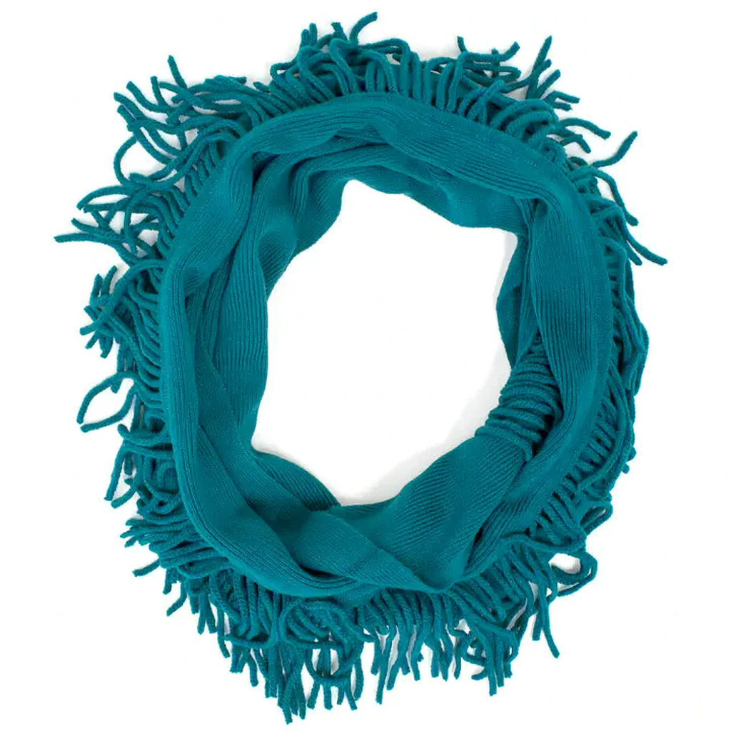 Knit Fringe Necklace Scarf | Lightweight Acrylic Loop Infinity Scarf | Turquoise Black Ivory - Image 3