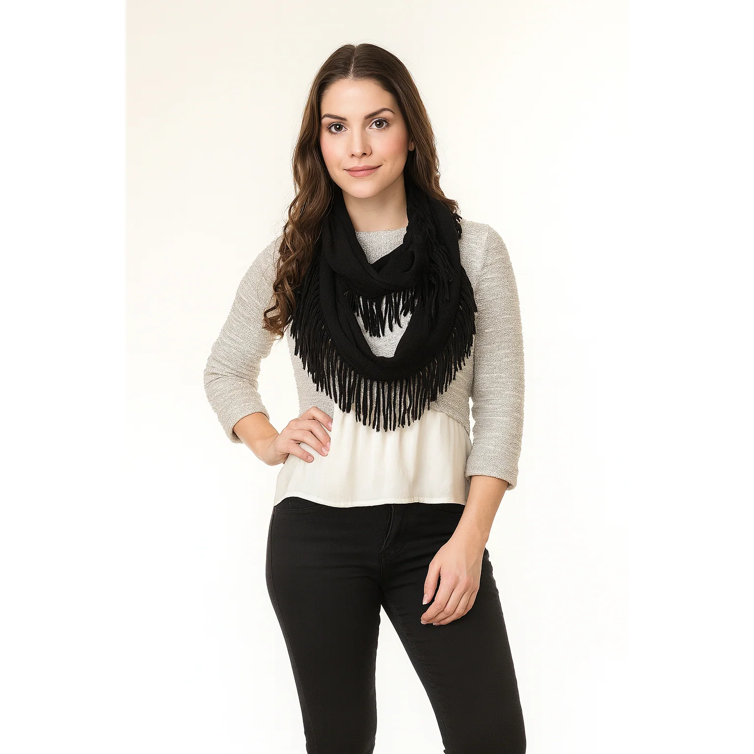 Knit Fringe Necklace Scarf | Lightweight Acrylic Loop Infinity Scarf | Turquoise Black Ivory - Image 6