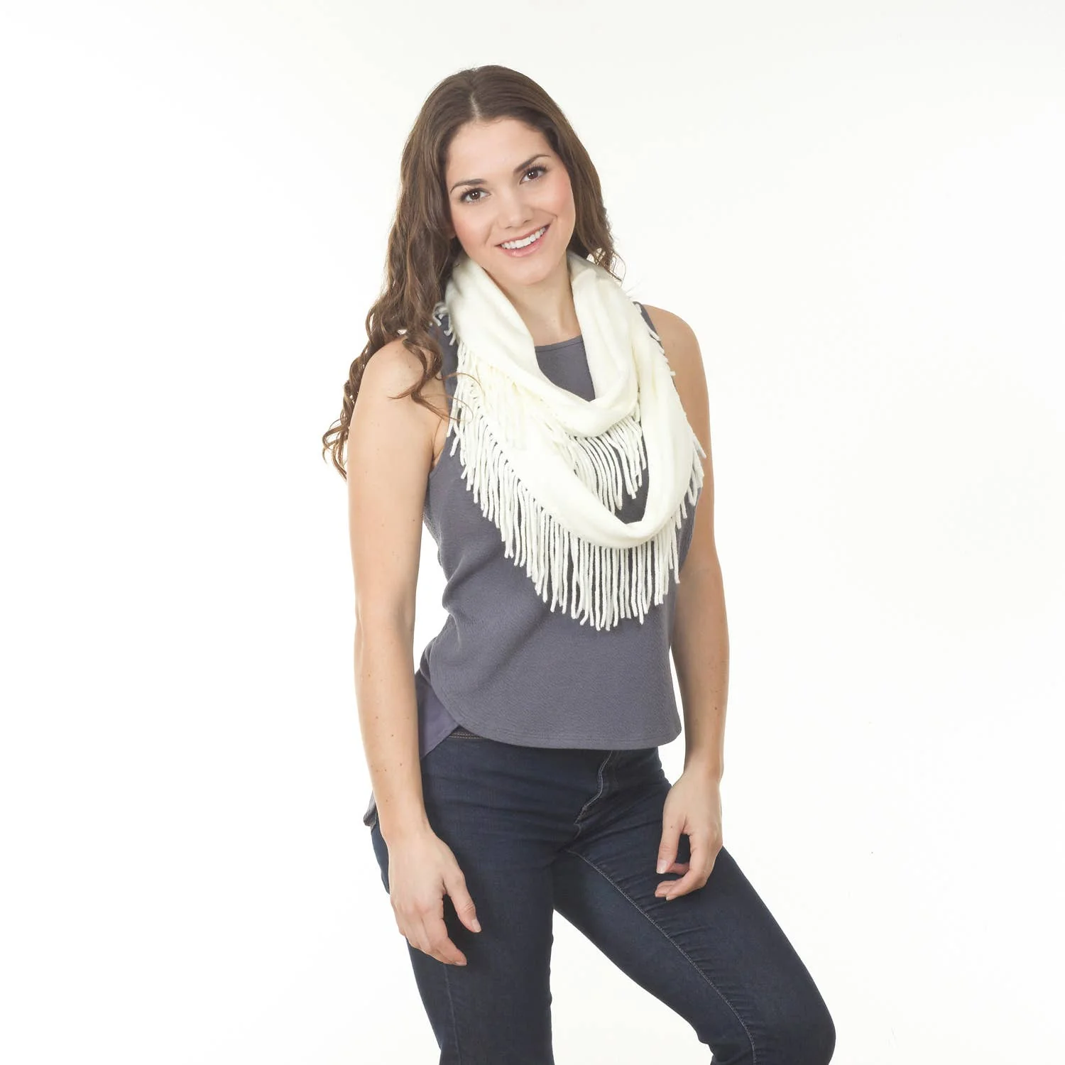 Knit Fringe Necklace Scarf | Lightweight Acrylic Loop Infinity Scarf | Turquoise Black Ivory - Image 9