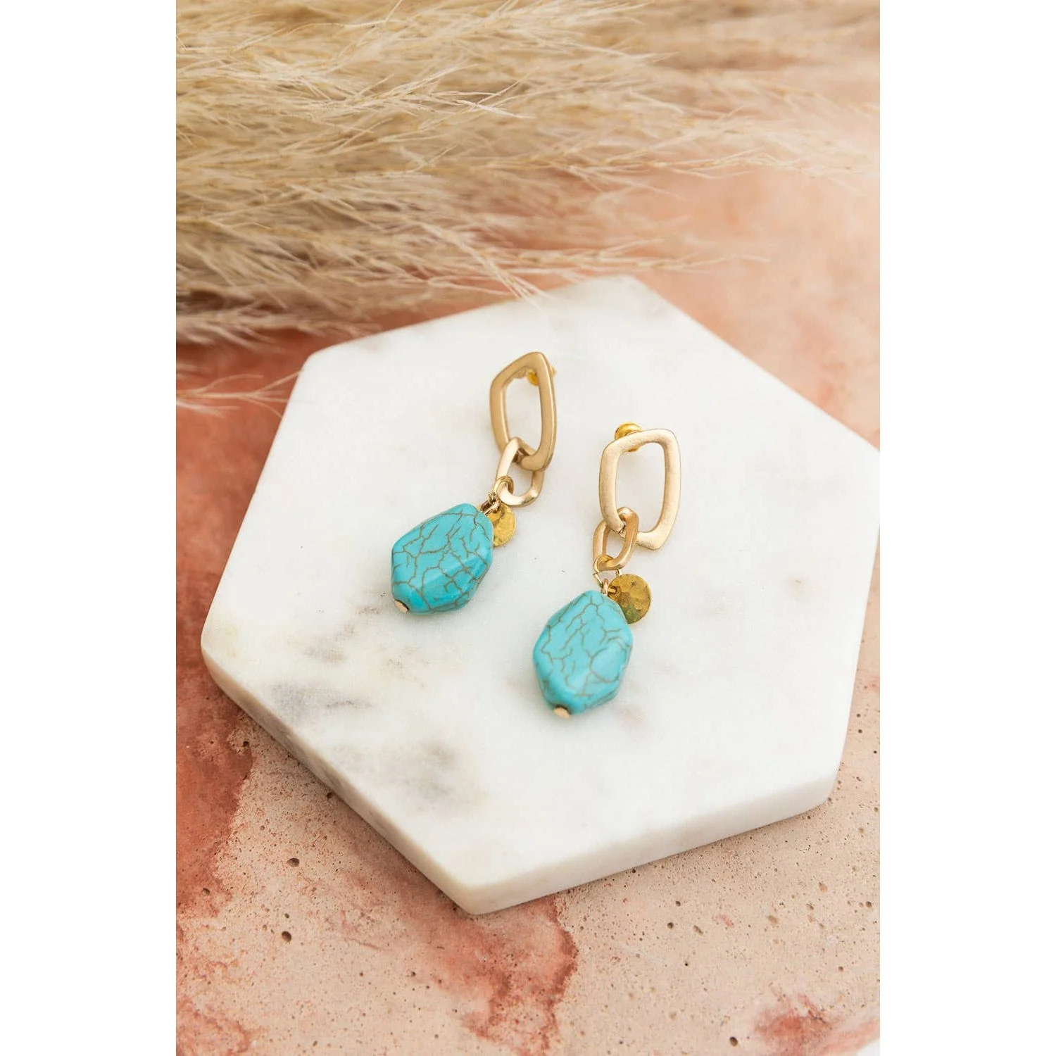 Turquoise Stone Drop Chain Earrings 💠 Bohemian Style Dangle Fashion Jewelry - Image 3