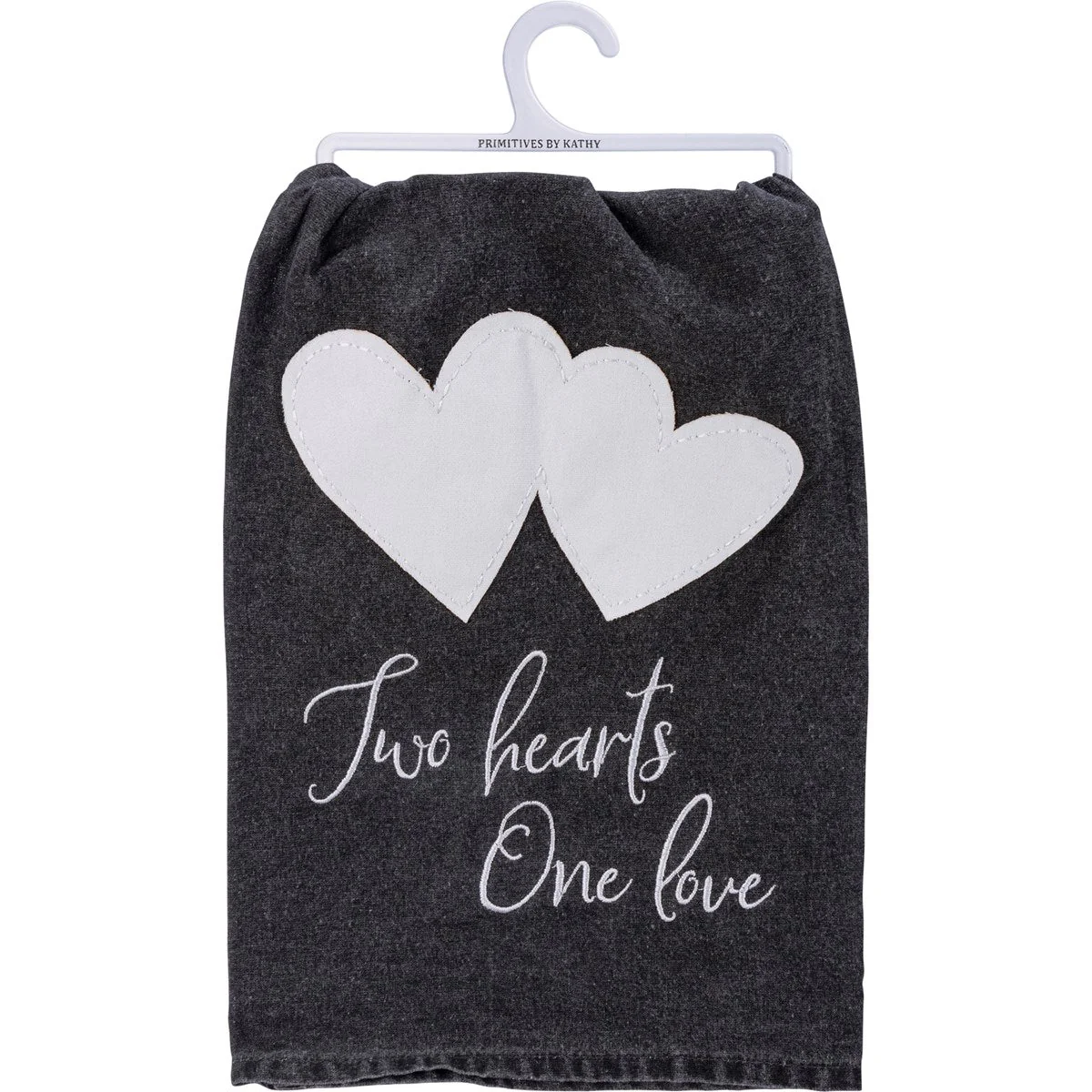 Two Hearts One Love Kitchen Towel | Black and White Stonewashed Tea Dish Cloth | 28" x 28" - Image 2