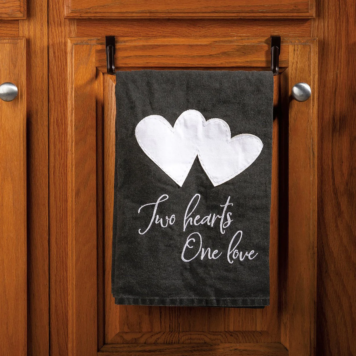 Two Hearts One Love Kitchen Towel | Black and White Stonewashed Tea Dish Cloth | 28" x 28" - Image 4