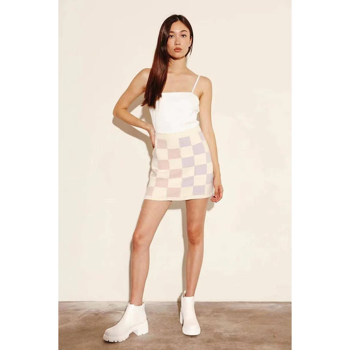 Two Tone Check Sweater Mini Skirt | Lilac Checker Intarsia Knit Skirt [SM–XL] - Image 3