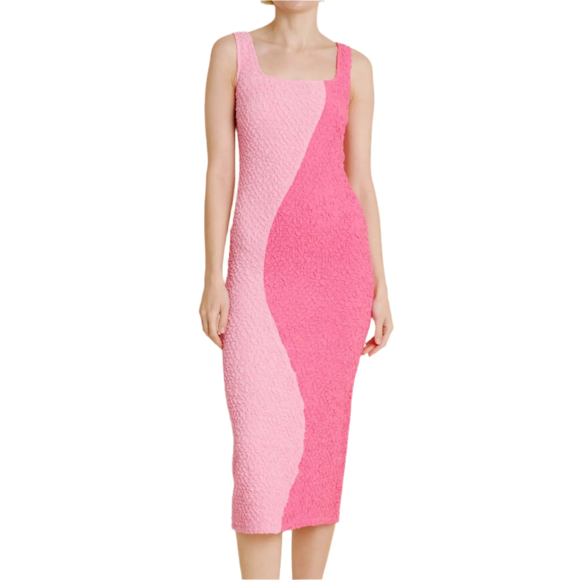 Yin Yang Two-Tone Pink Curve Smocked Midi Dress - Image 3