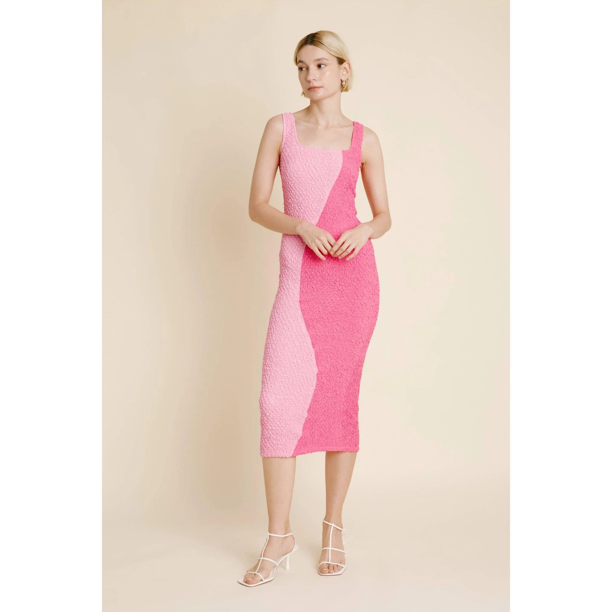 Yin Yang Two-Tone Pink Curve Smocked Midi Dress - Image 7
