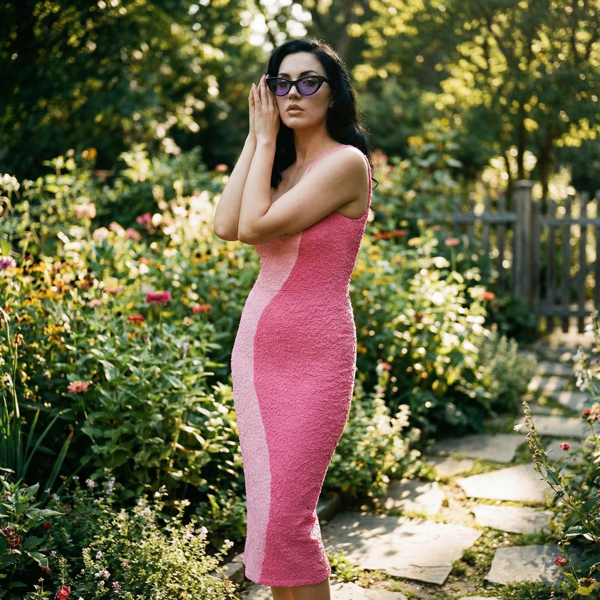 Yin Yang Two-Tone Pink Curve Smocked Midi Dress - Image 9