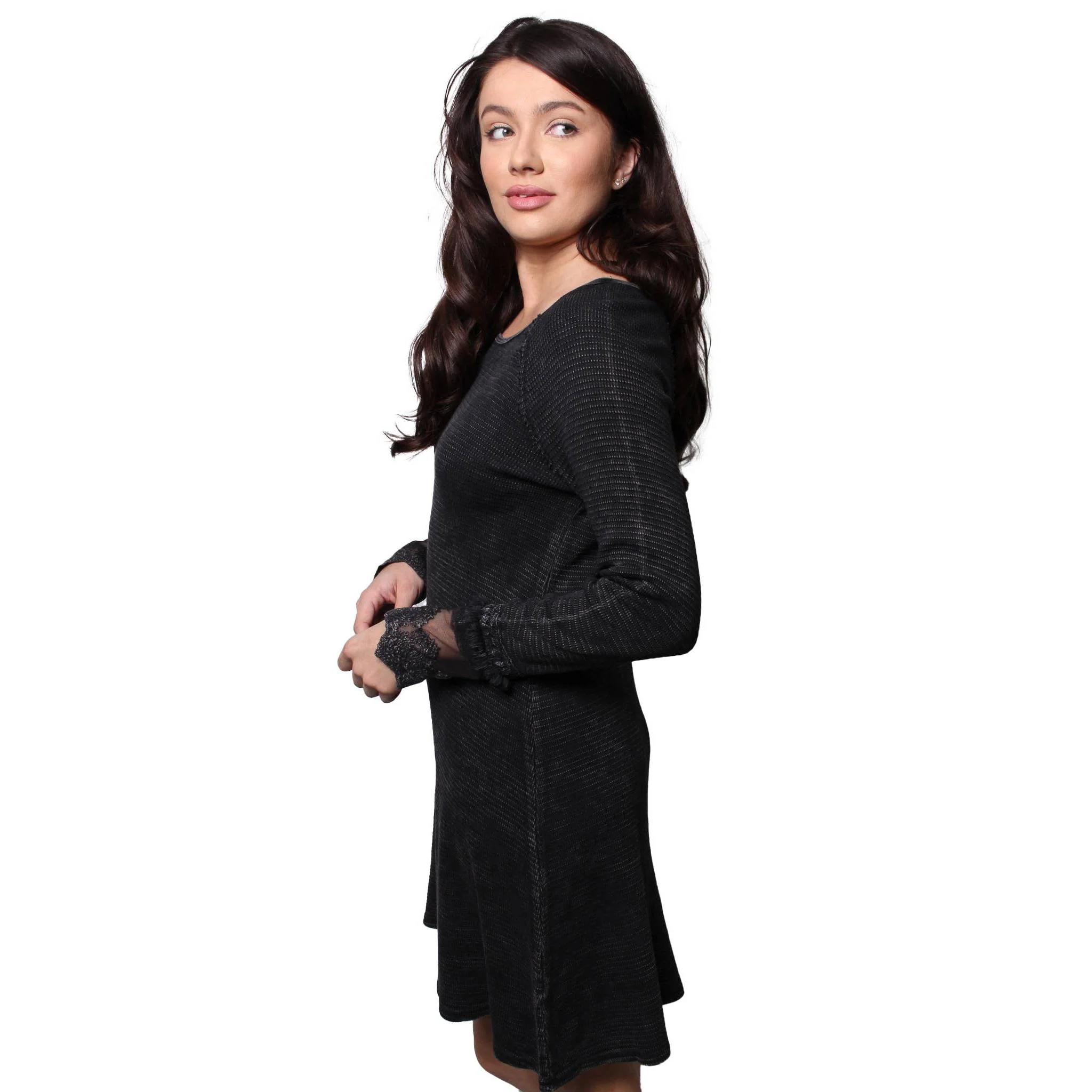 Ultimate '90s Princess Grunge Waffle Dress in Black with Lace Mesh Sleeve Detail | Y2K Mall Goth Long Sleeve Fall Winter Dress [SM-XL] - Image 4