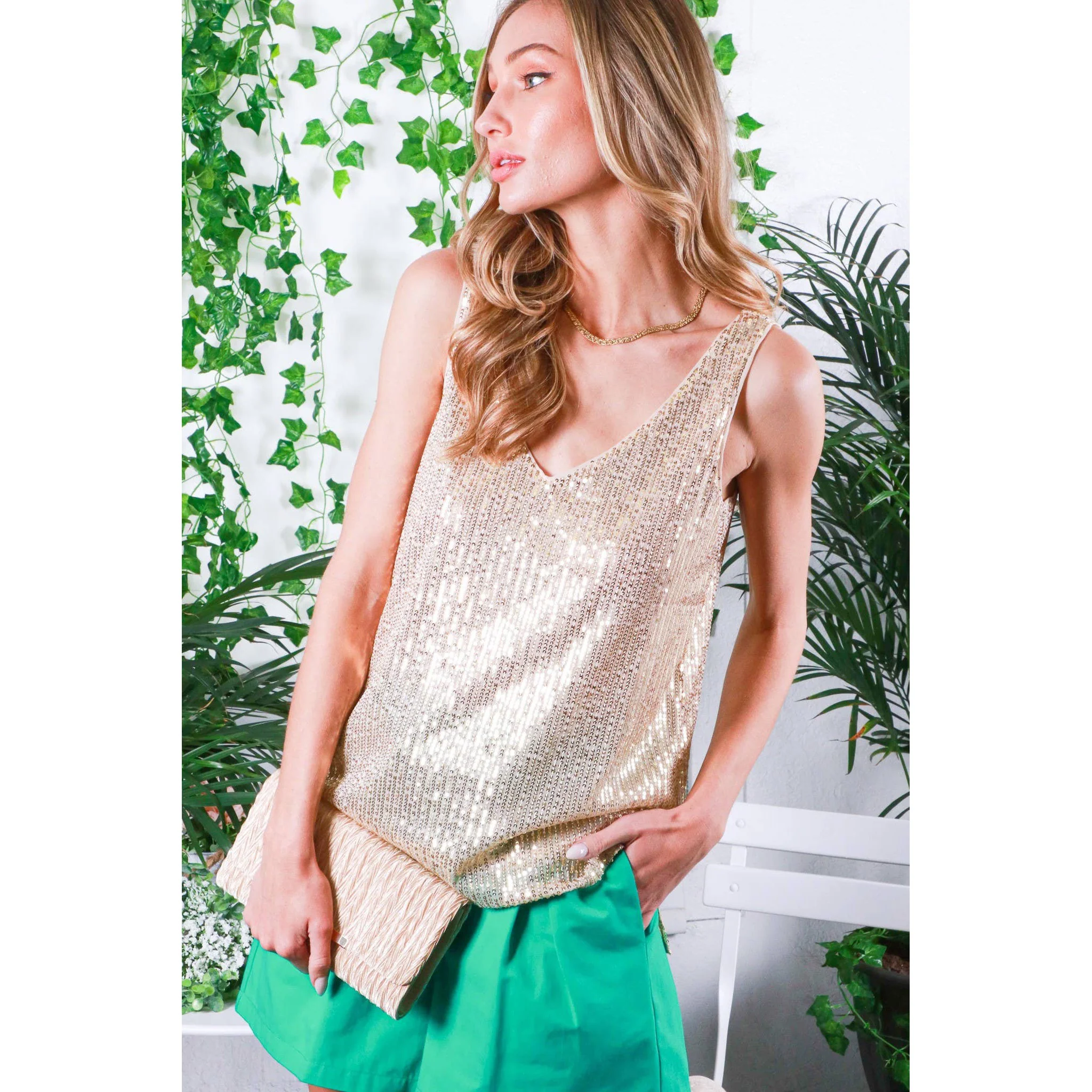 V-Neck Cut Back Sleeveless Sequin Tank Top  [Available in Sizes SM-L] - Image 4