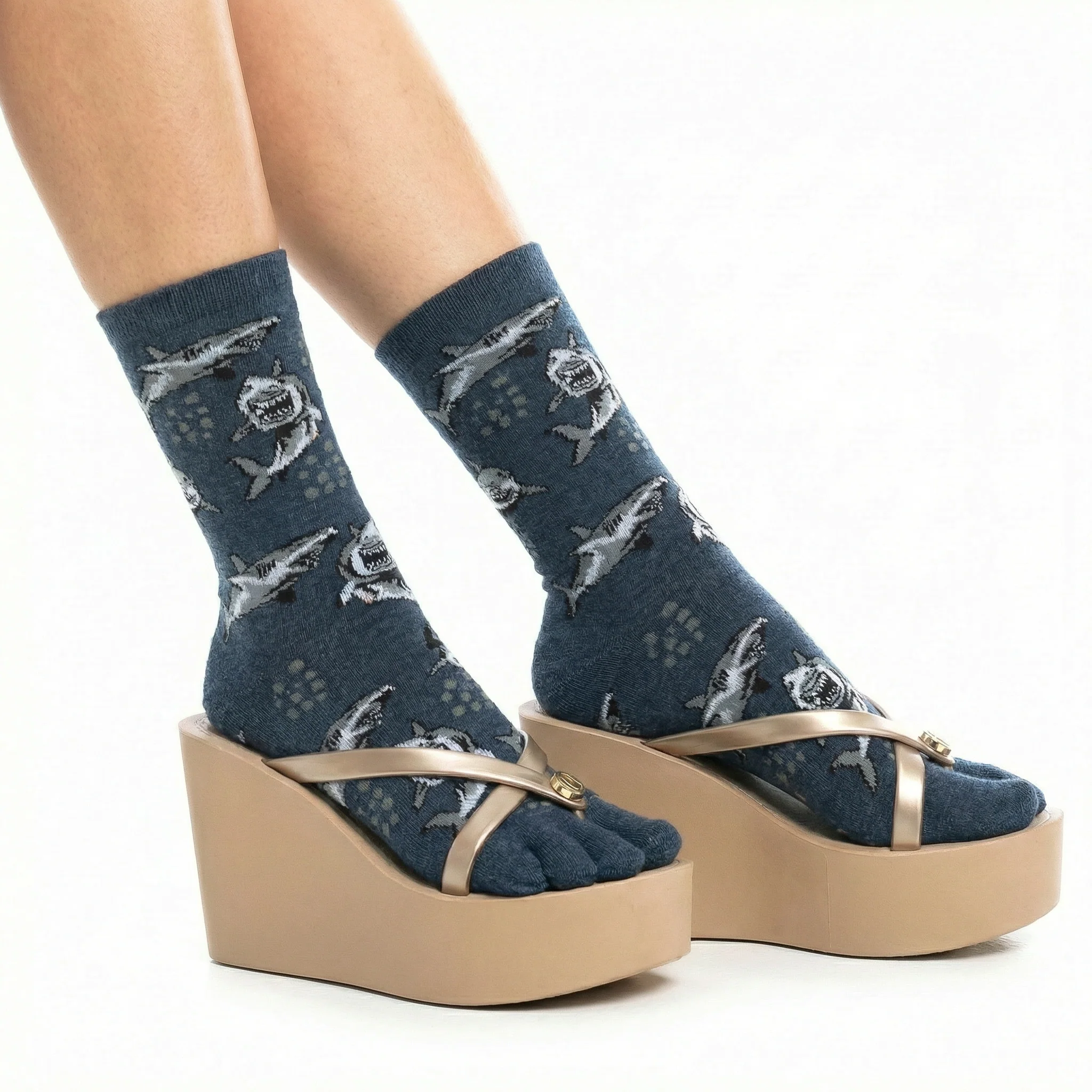 Grey Shark Split Toe Tabi Socks | Big Toe Flip Flop Socks | Shark Pattern Novelty Crew Socks - Image 11