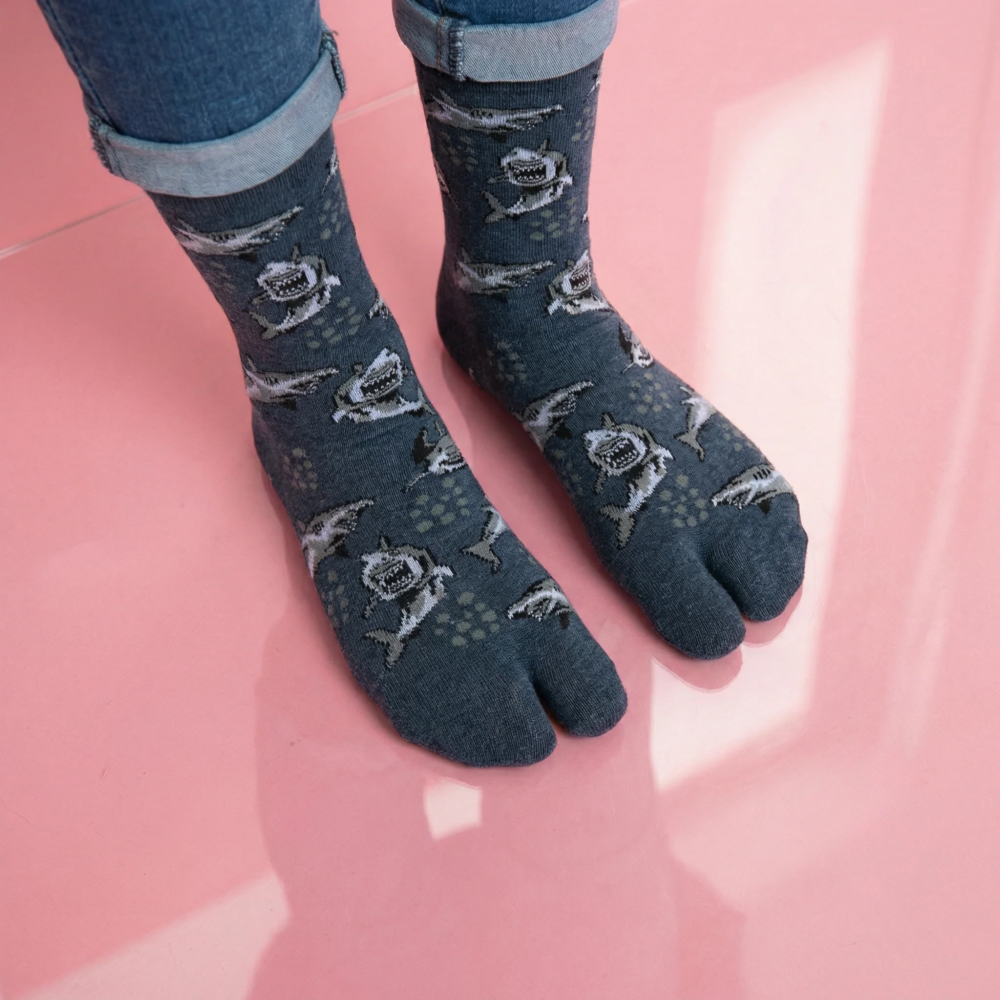 Grey Shark Split Toe Tabi Socks | Big Toe Flip Flop Socks | Shark Pattern Novelty Crew Socks - Image 2