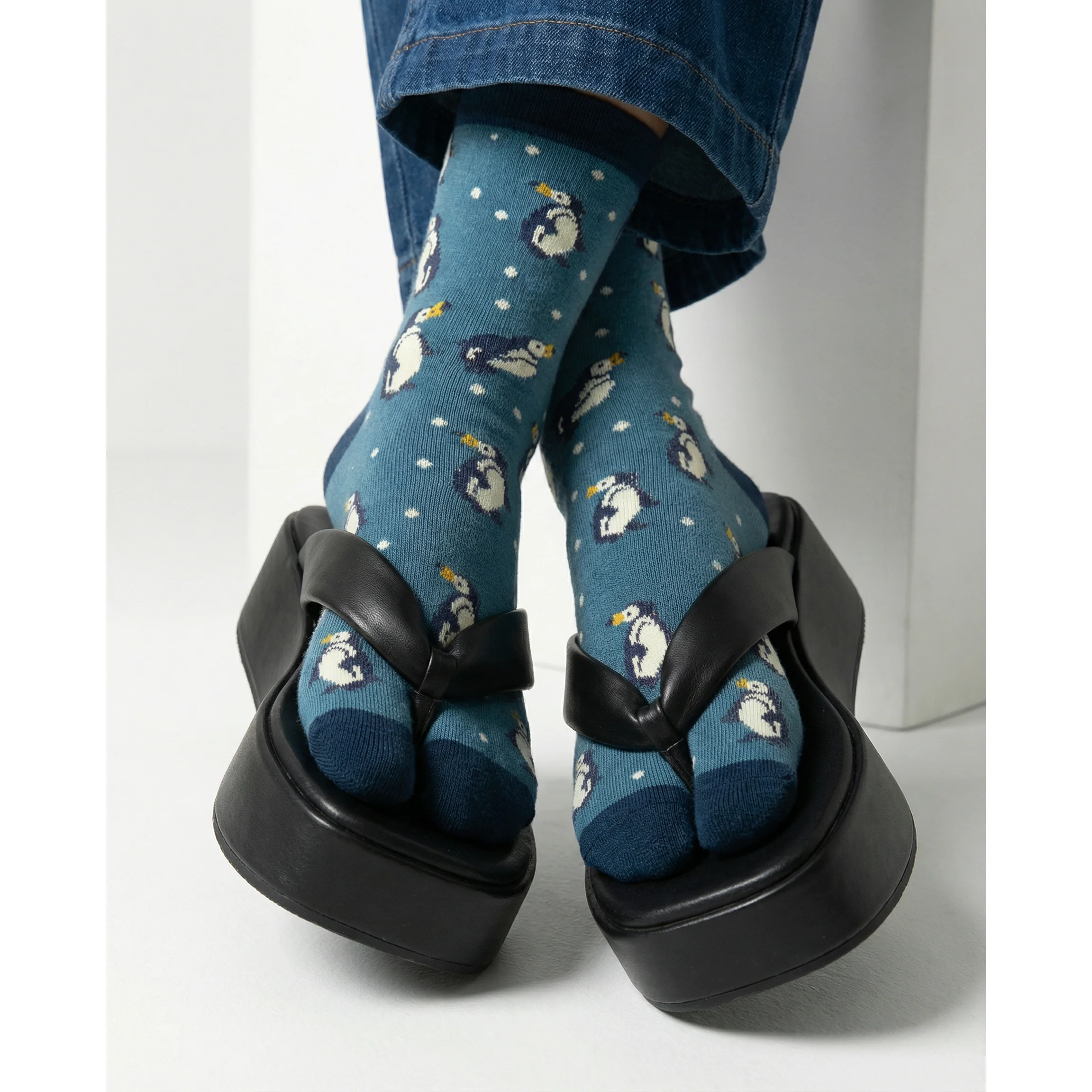 Penguin Split Toe Tabi Socks in Blue | Big Toe Flip Flop Cute Penguin Novelty Crew Socks - Image 11